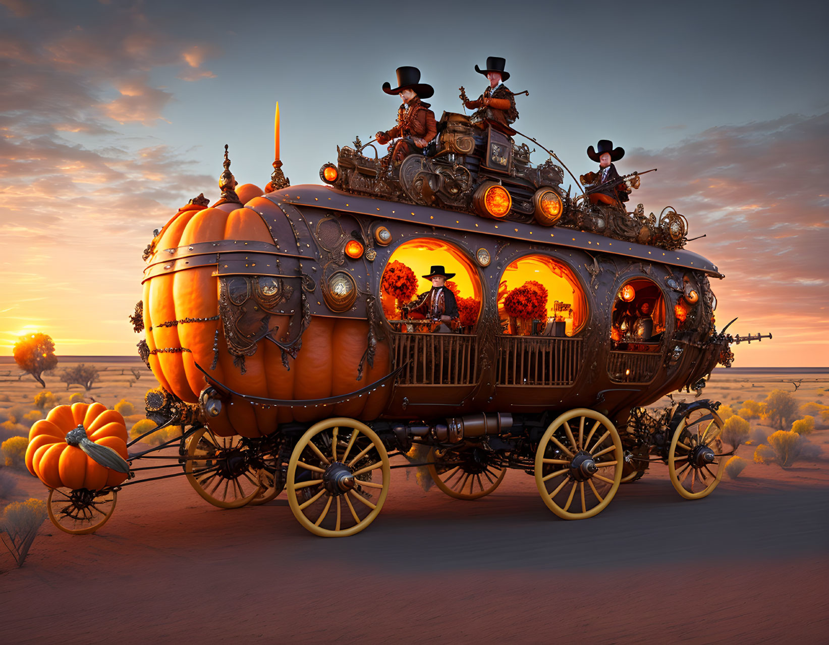 Intricate Pumpkin Carriage with Western Dressed Passengers in Desert Sunset