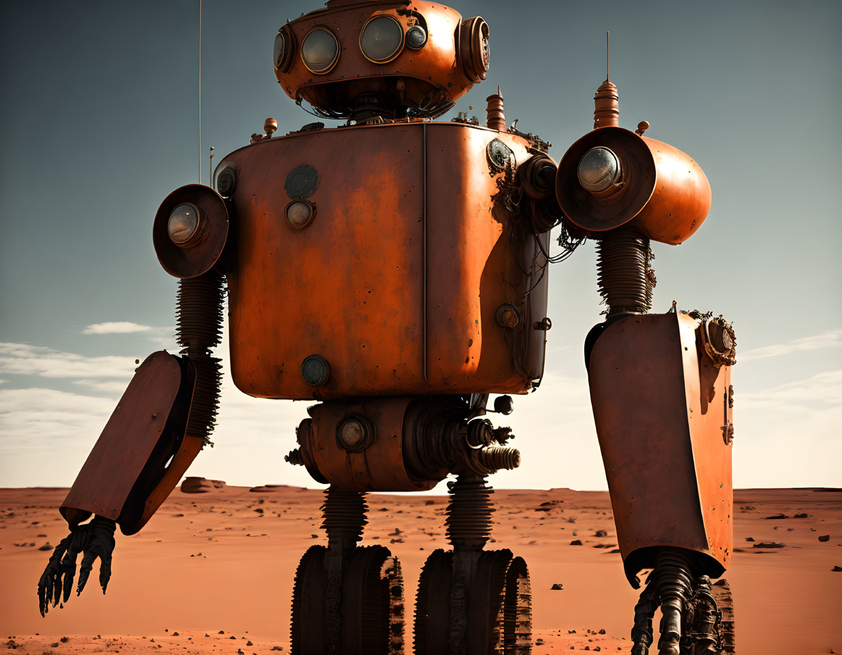 Rusty robot in barren desert landscape