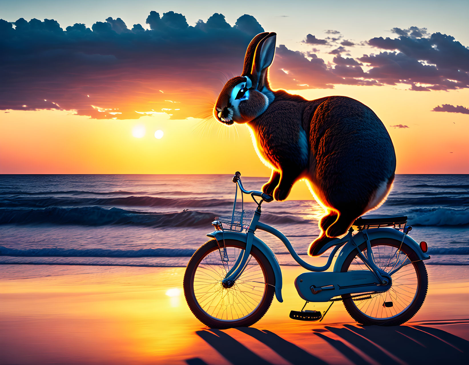 Giant rabbit on small bicycle at sunset by the sea