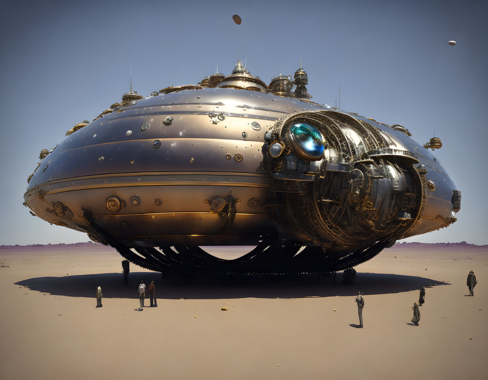 Detailed Steampunk-style Airship on Desert Landscape