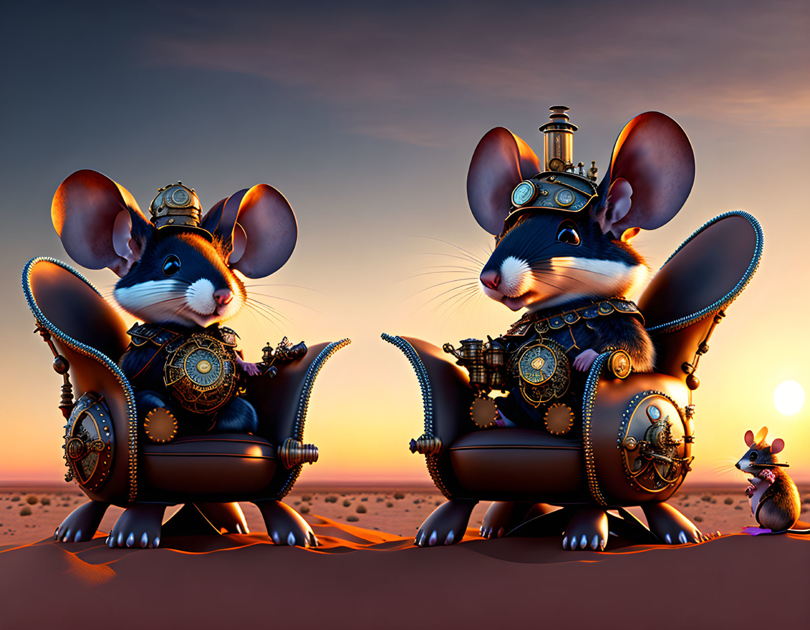 Steampunk-style animated mice on thrones in desert sunset