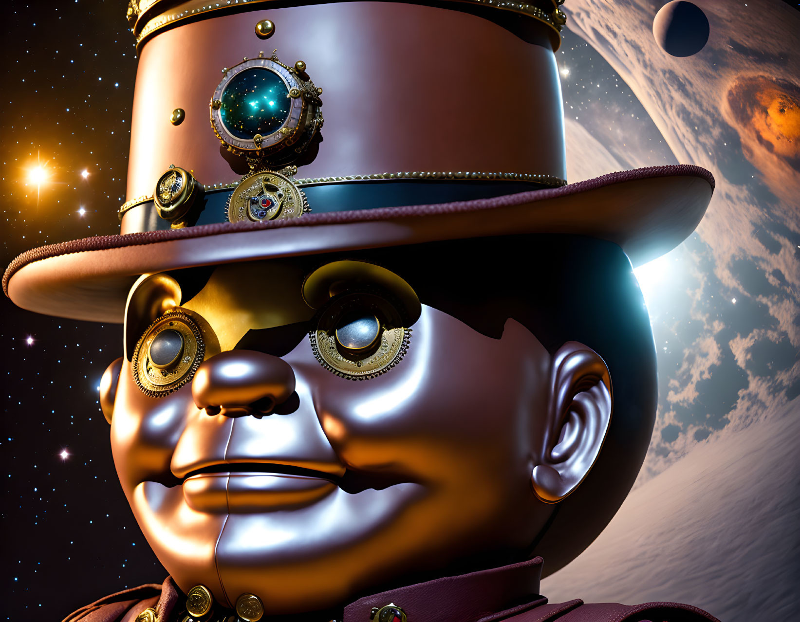 Shiny Steampunk Character in Cosmic Setting