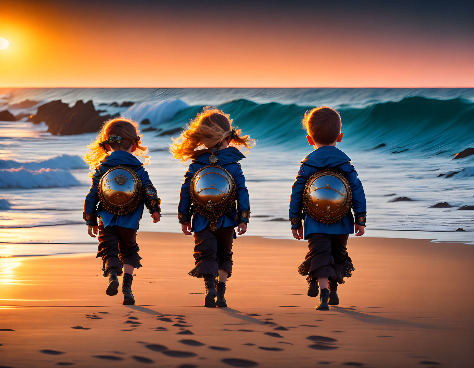 Children with backpacks running towards ocean waves at sunset