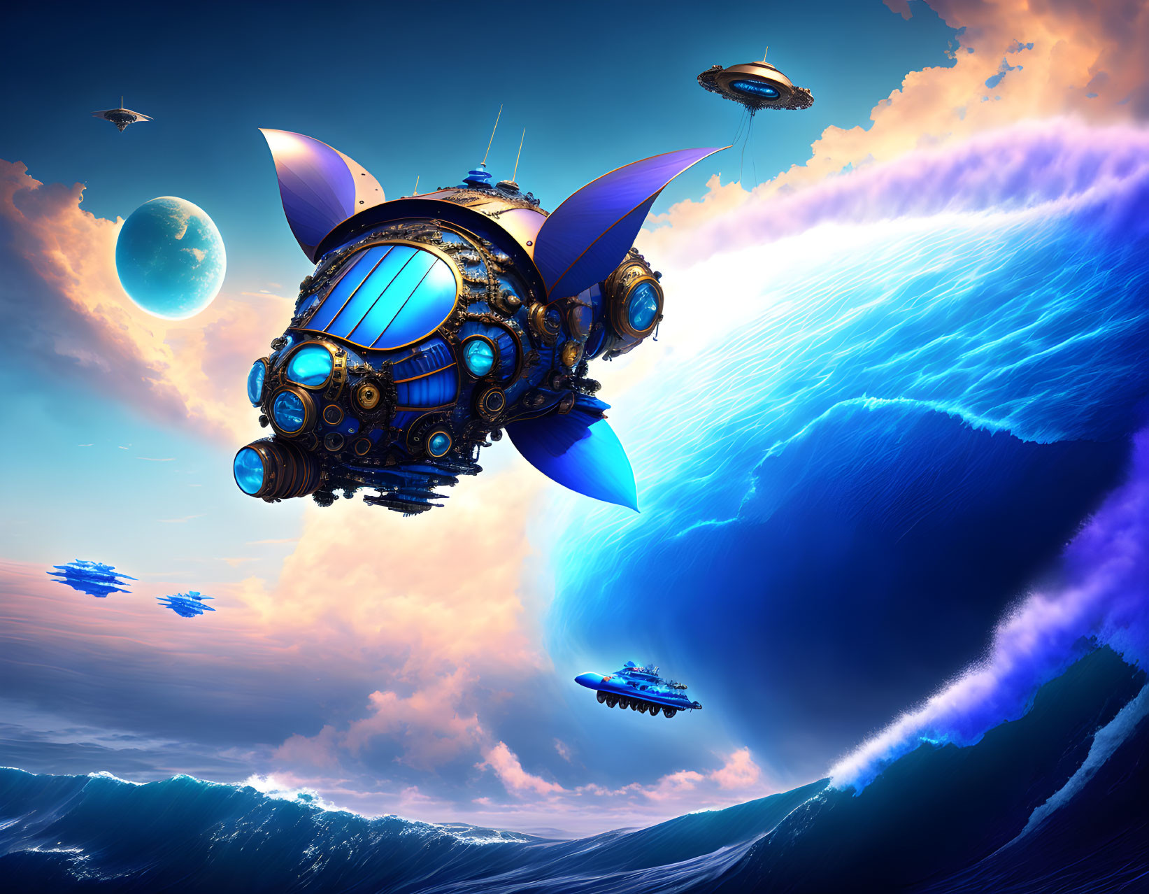 Blue spherical spaceship and smaller crafts soar over ocean waves with distant planet and moon.