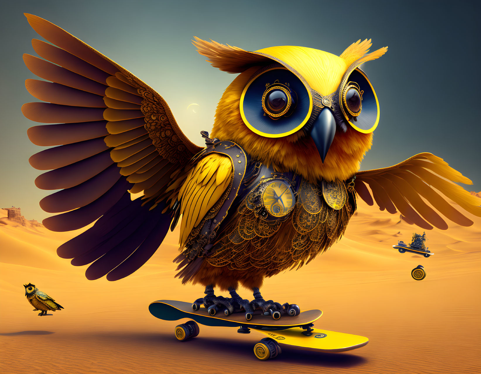 Colorful Steampunk Owl on Skateboard in Desert Setting