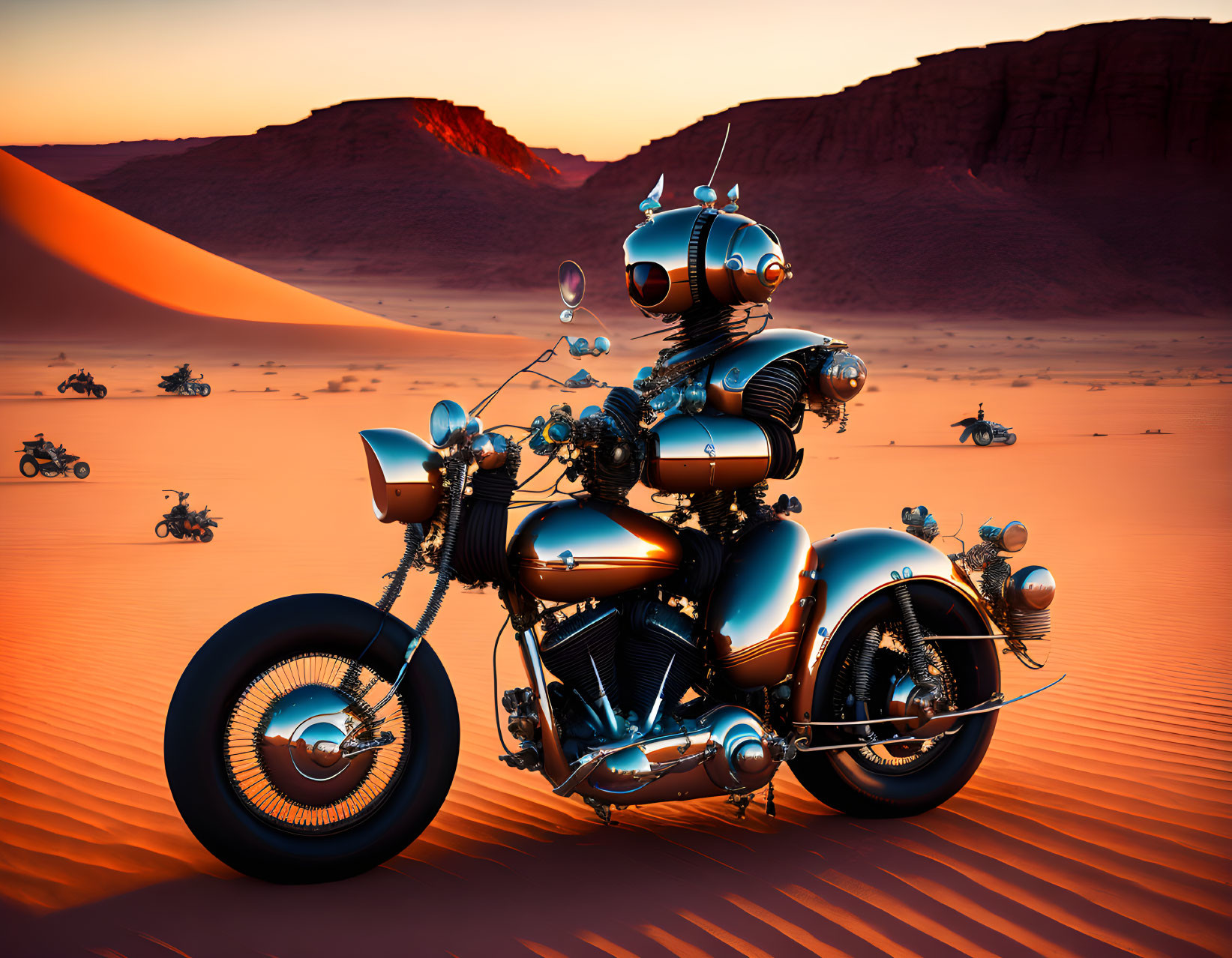 Futuristic robot bikers in desert sunset scene