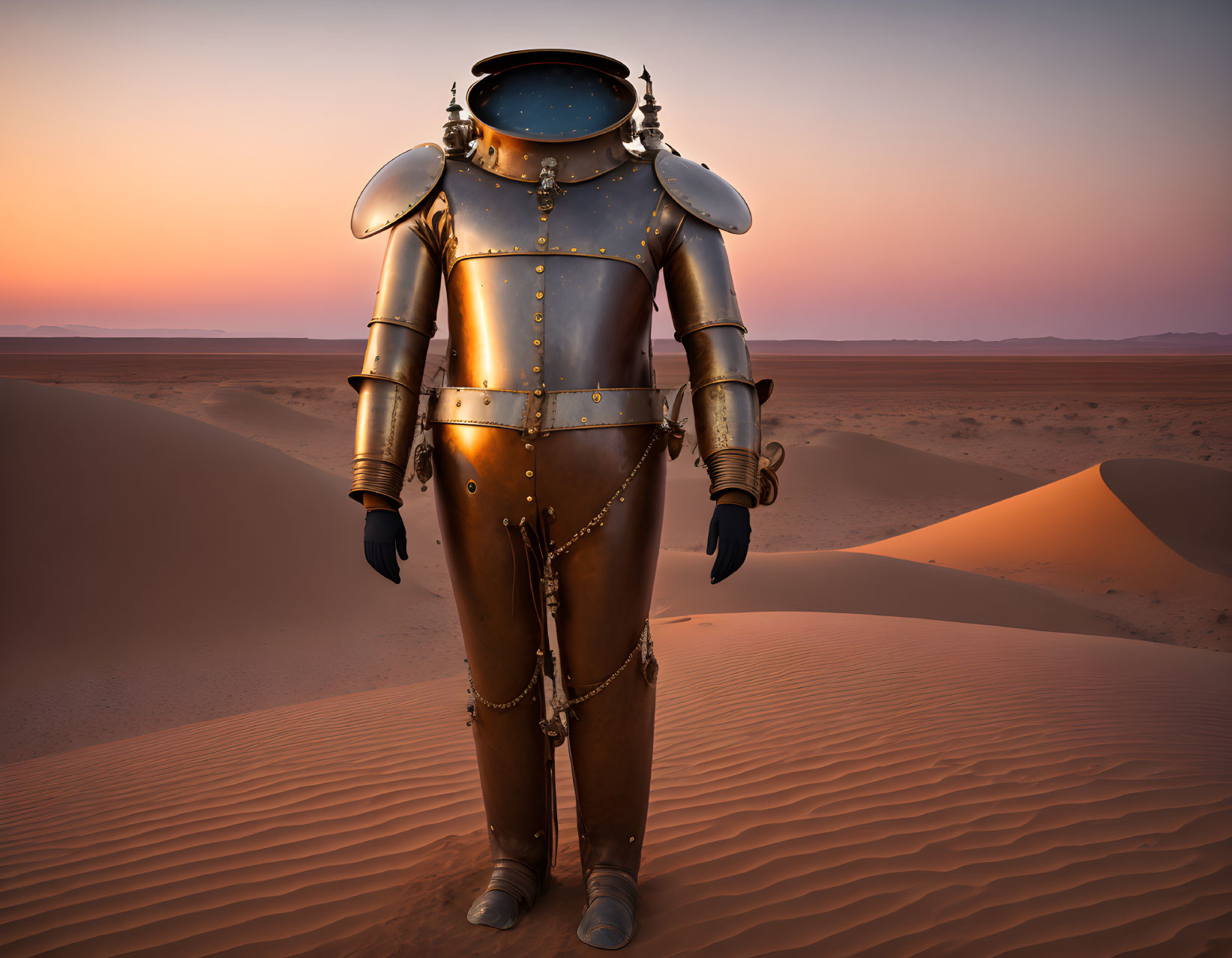 Medieval armor suit on desert dune at sunset