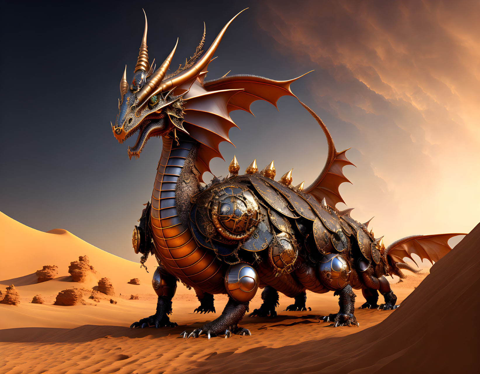 Metallic dragon with golden horns and armor in desert setting