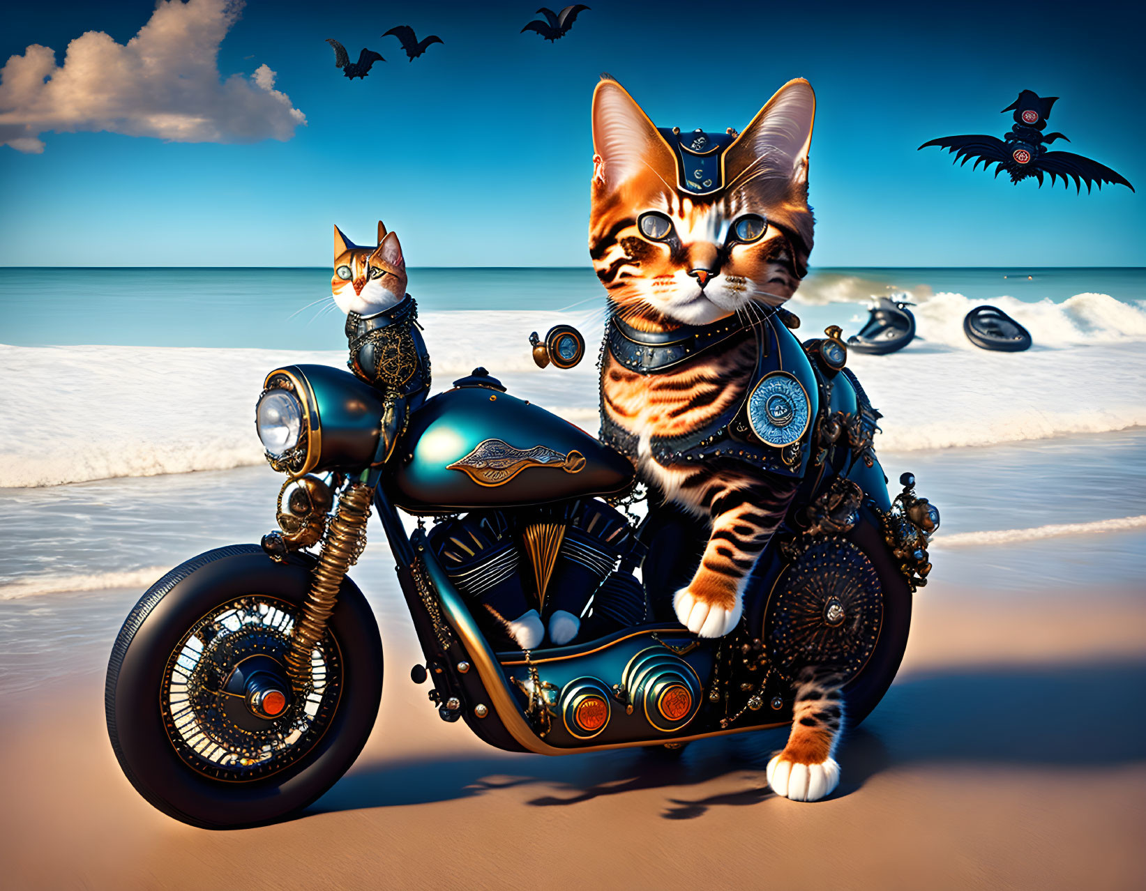 Steampunk cats on motorcycle at beach with seagulls under blue sky