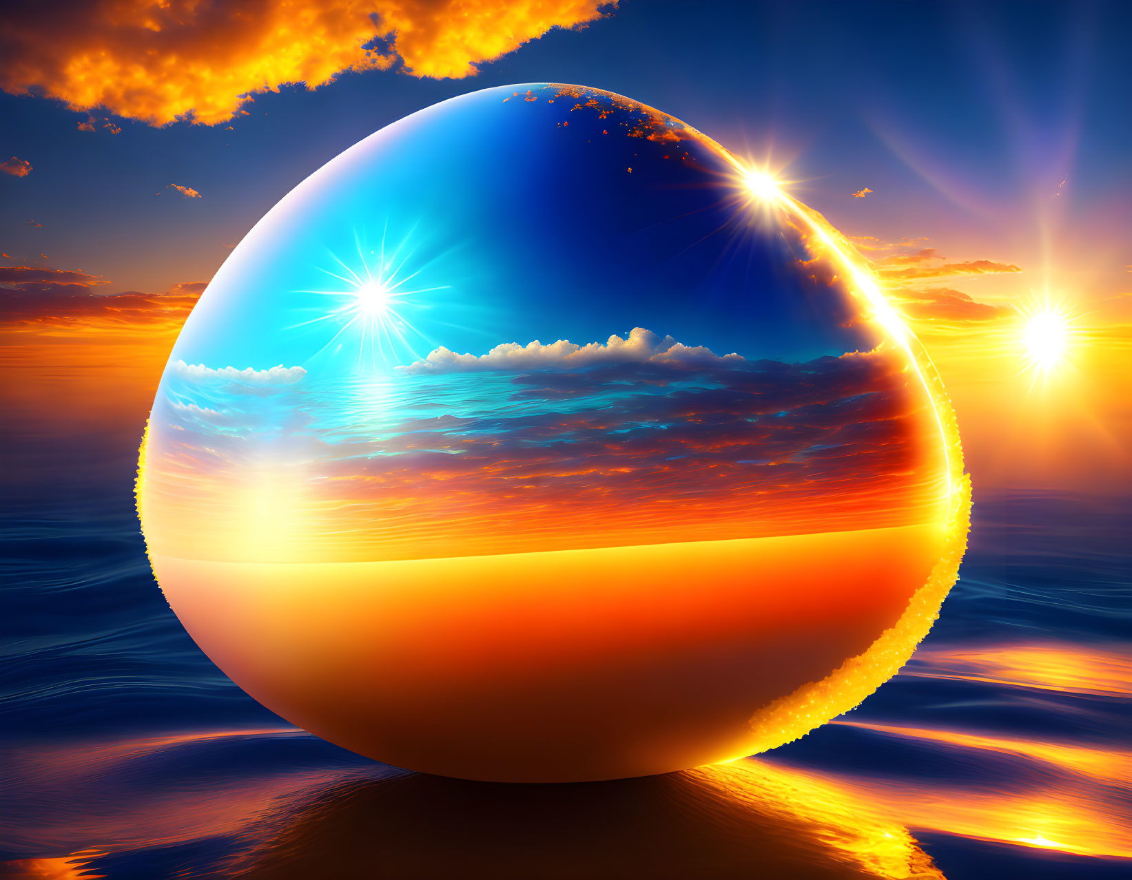 Reflective sphere capturing sunset and clouds in surreal sky with dual suns.