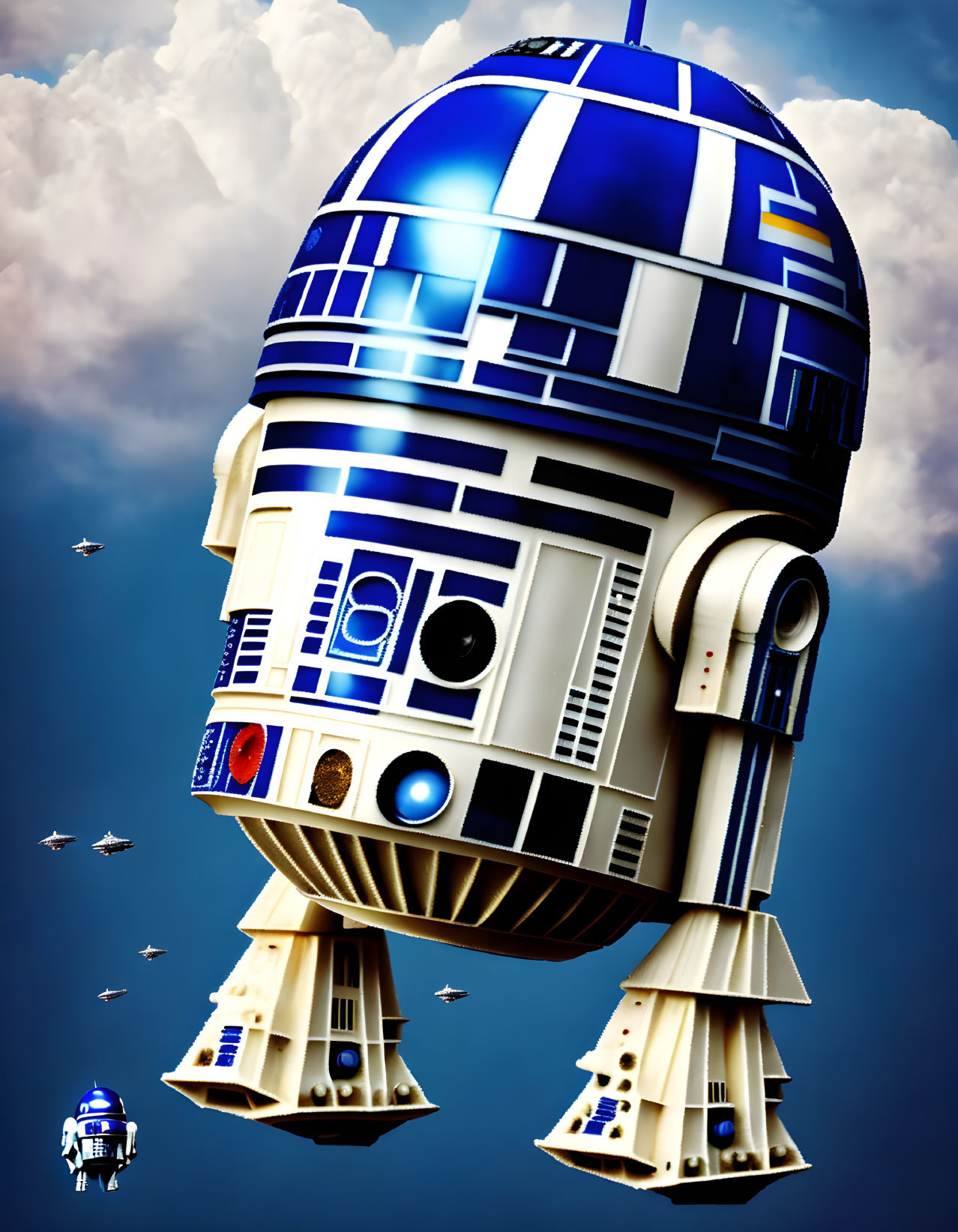 Supersized R2-D2 Artwork with Flying Miniatures in Cloudy Sky