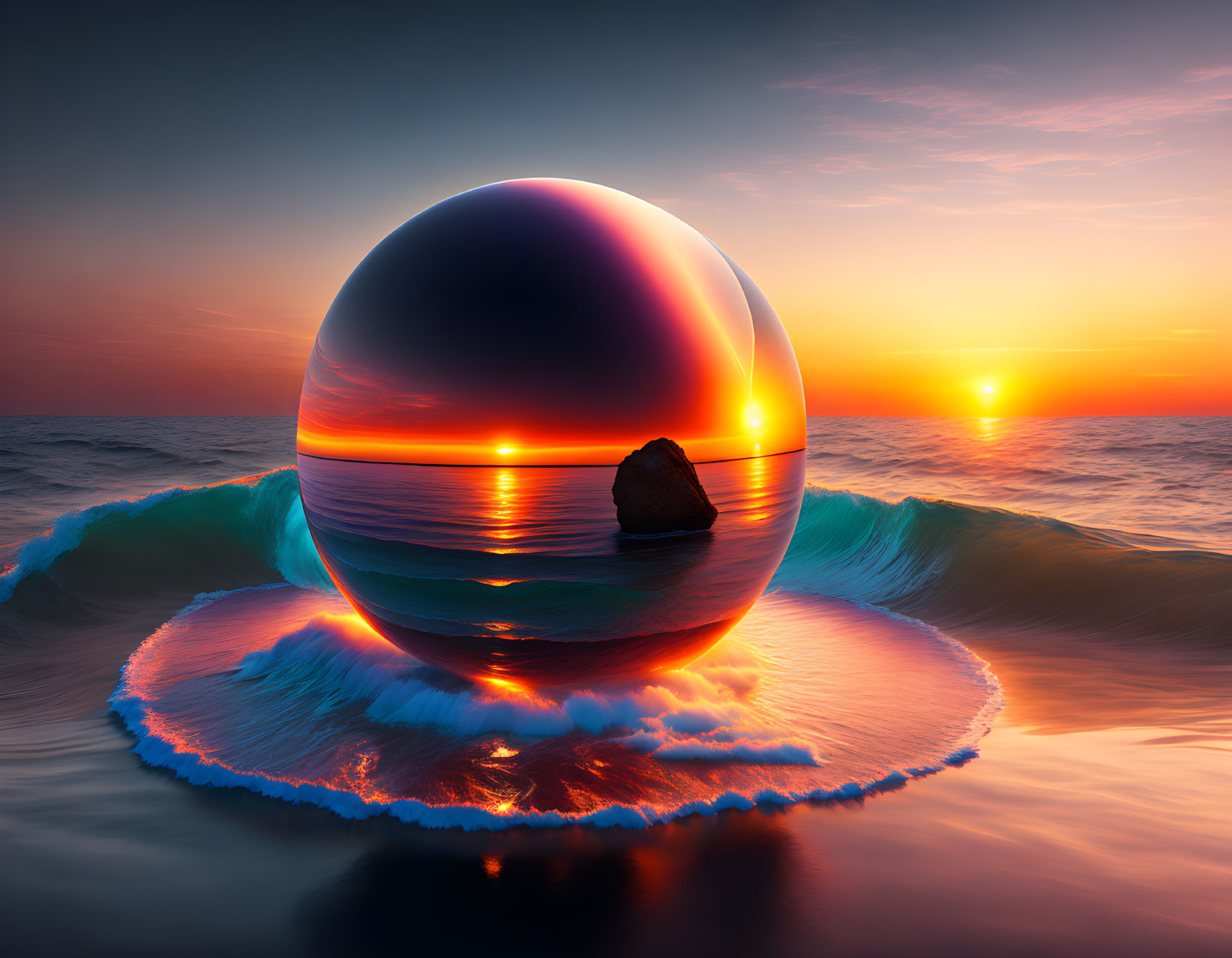 Reflective sphere on tranquil sea under vibrant sunset.