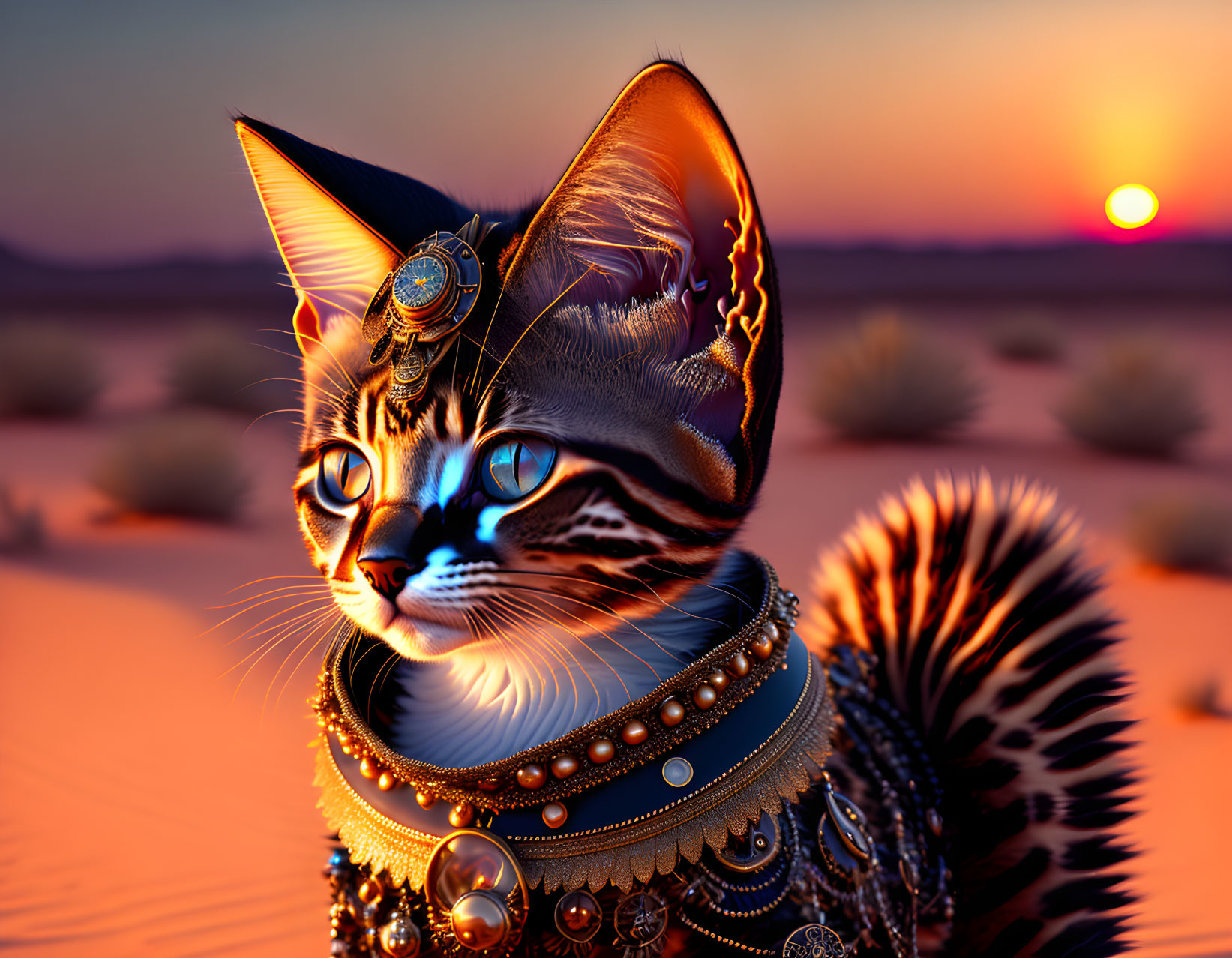 Detailed Stylized Cat with Ornate Jewelry in Desert Sunset