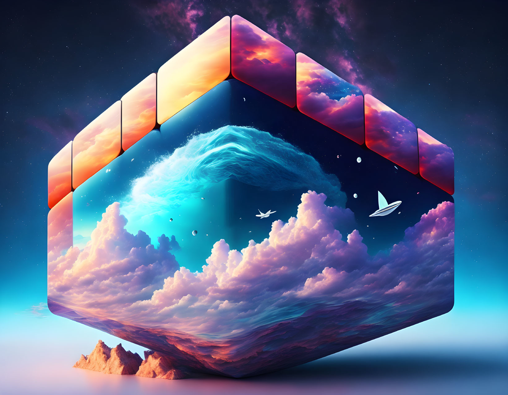 Floating cube with ocean and sky scenes under cosmic backdrop