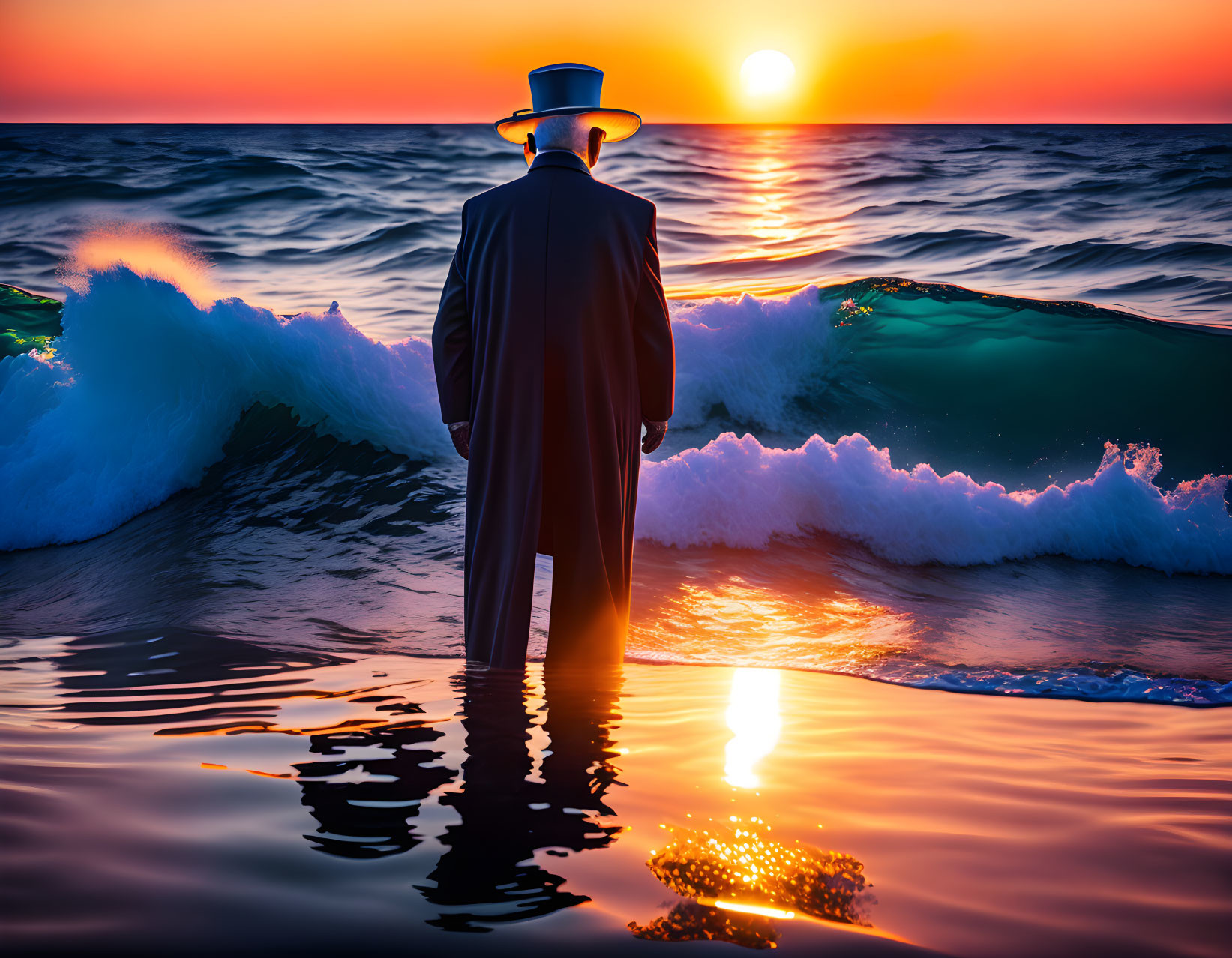 Person in coat and hat gazes at ocean waves during sunset