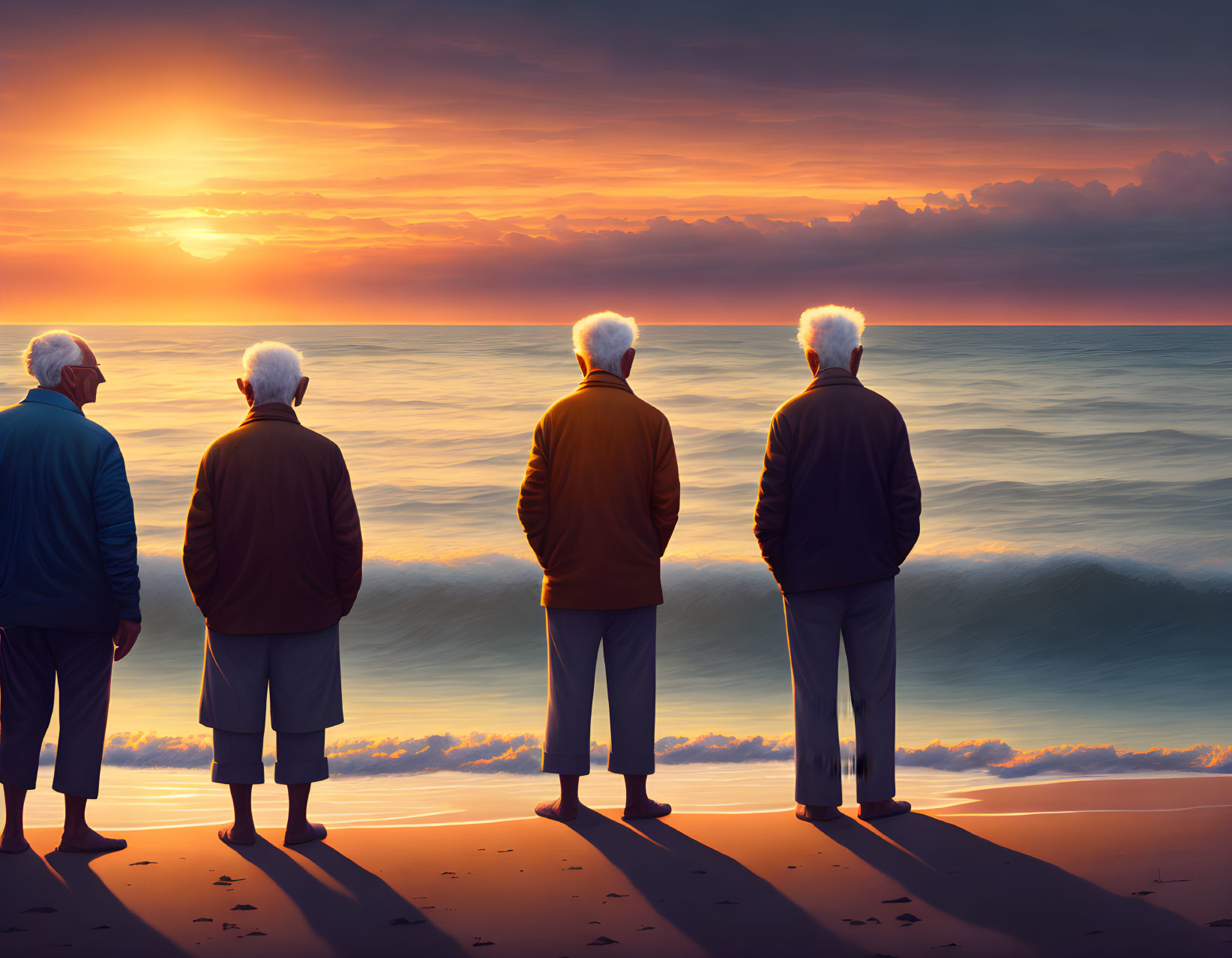 Elderly individuals on beach at sunset admiring horizon and waves