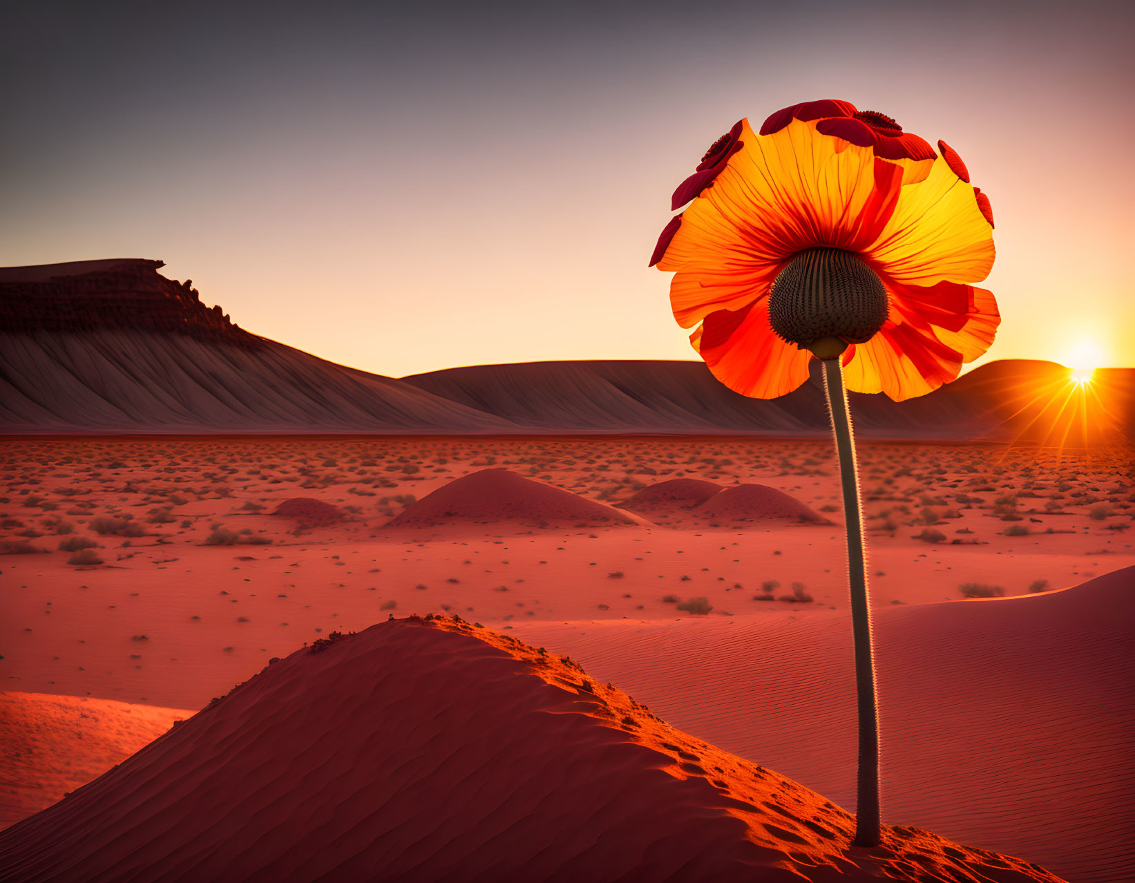 Vibrant red poppy against softly lit sand dunes at sunset