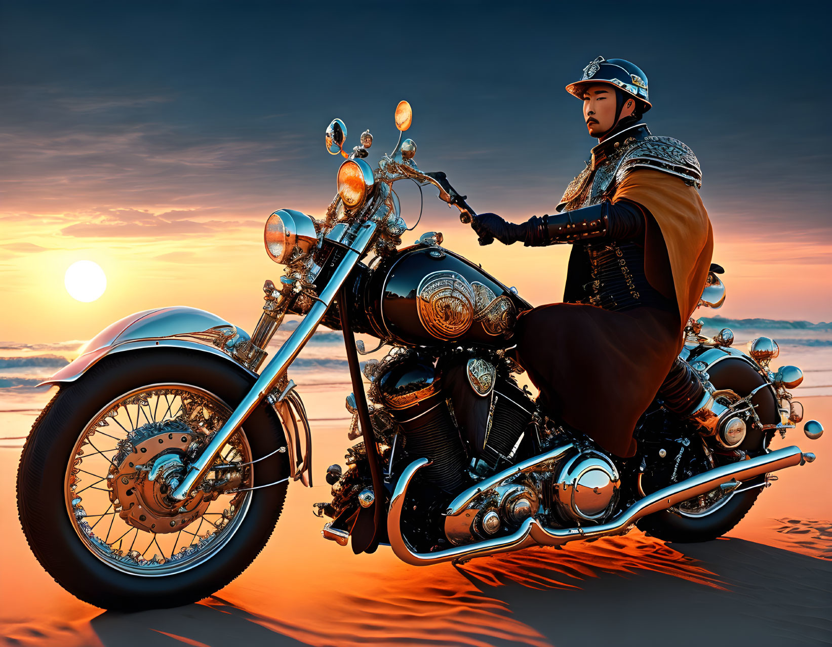 Person in ornate attire on classic motorcycle at sunset beach with reflections