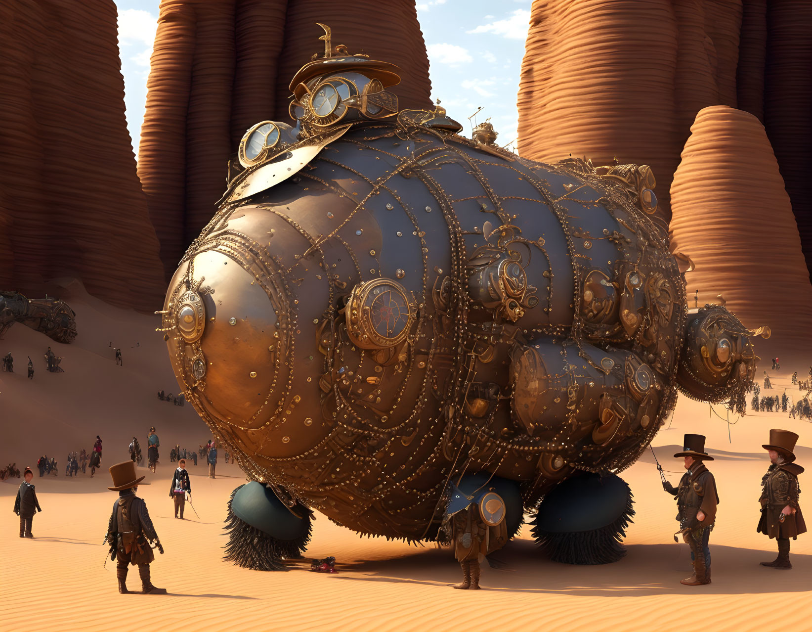 Steampunk-style spherical vehicle with gold details in desert with cowboy figures