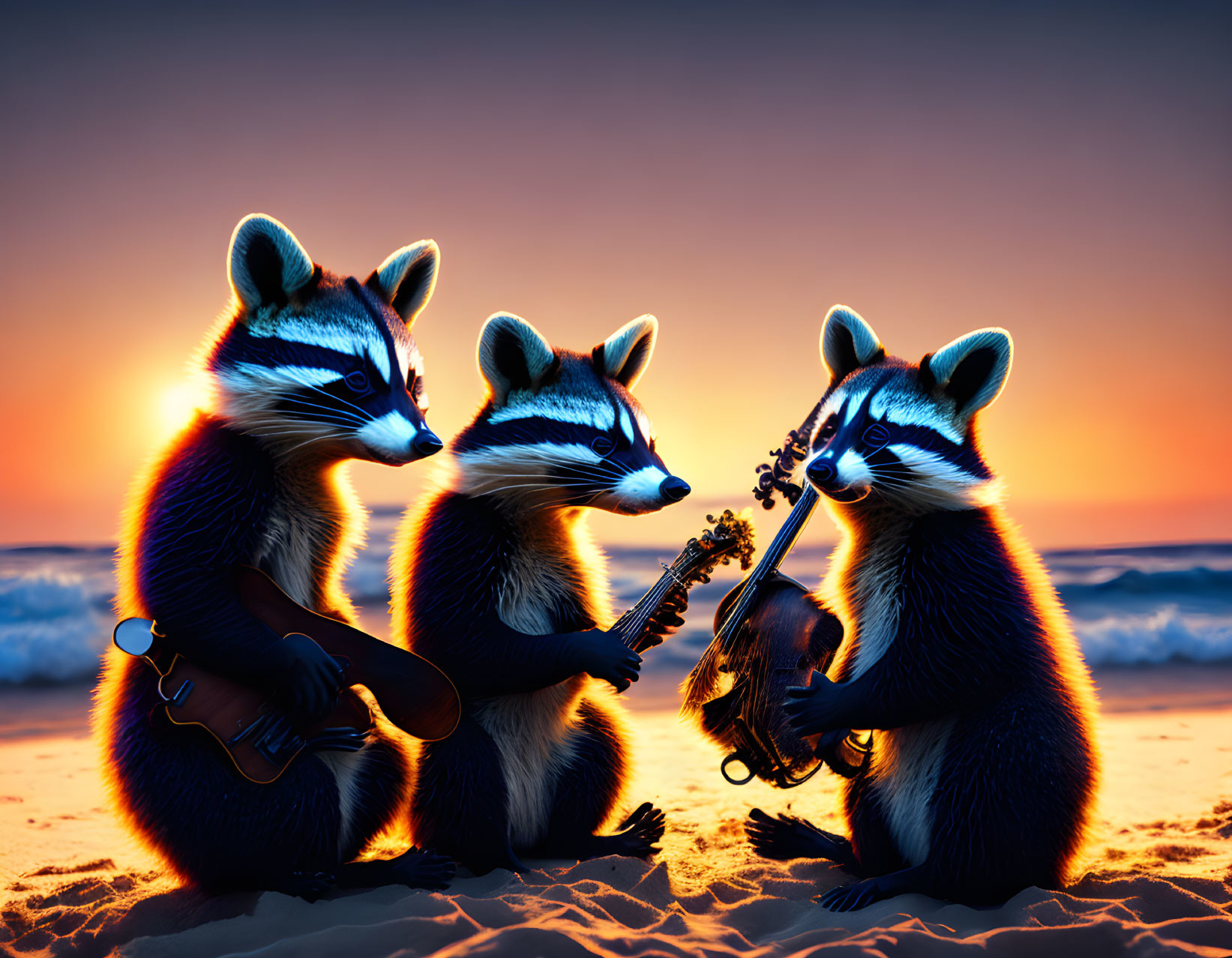 Anthropomorphic raccoons playing music on beach at sunset