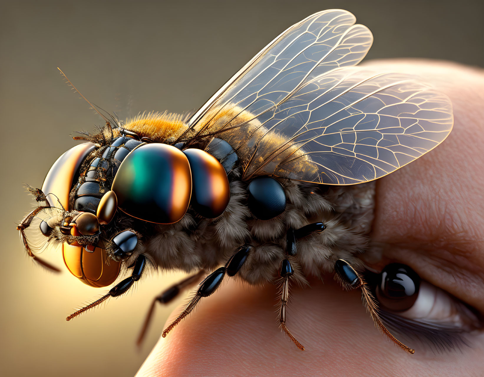 Detailed close-up: Housefly on human's eyelashes, with compound eyes and translucent wings.