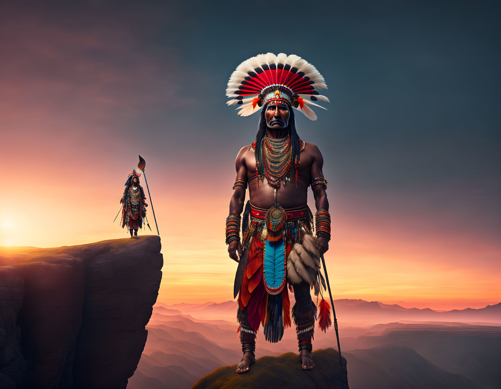 Native American chief in traditional attire on cliff at sunset