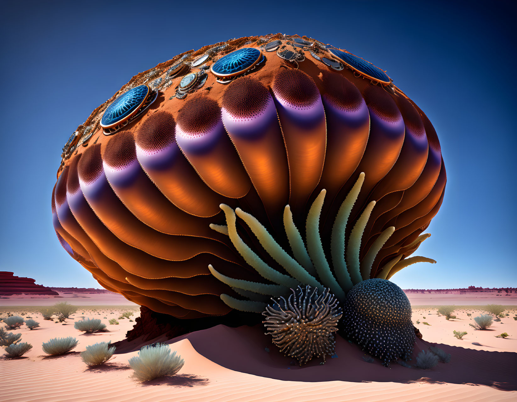 Colorful sea anemone-like structure in surreal desert landscape