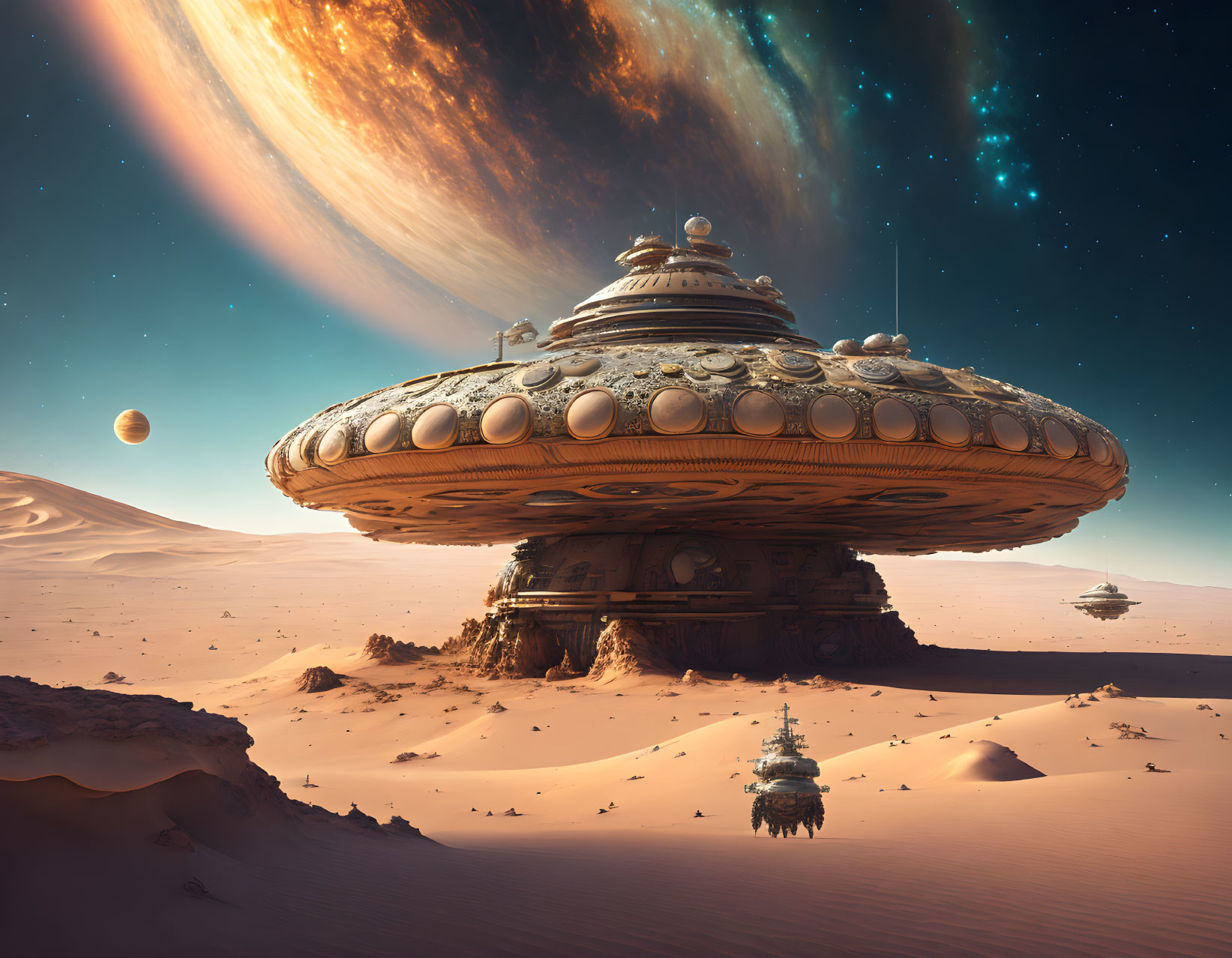 Futuristic UFO fleet over vast desert with giant planet and stars