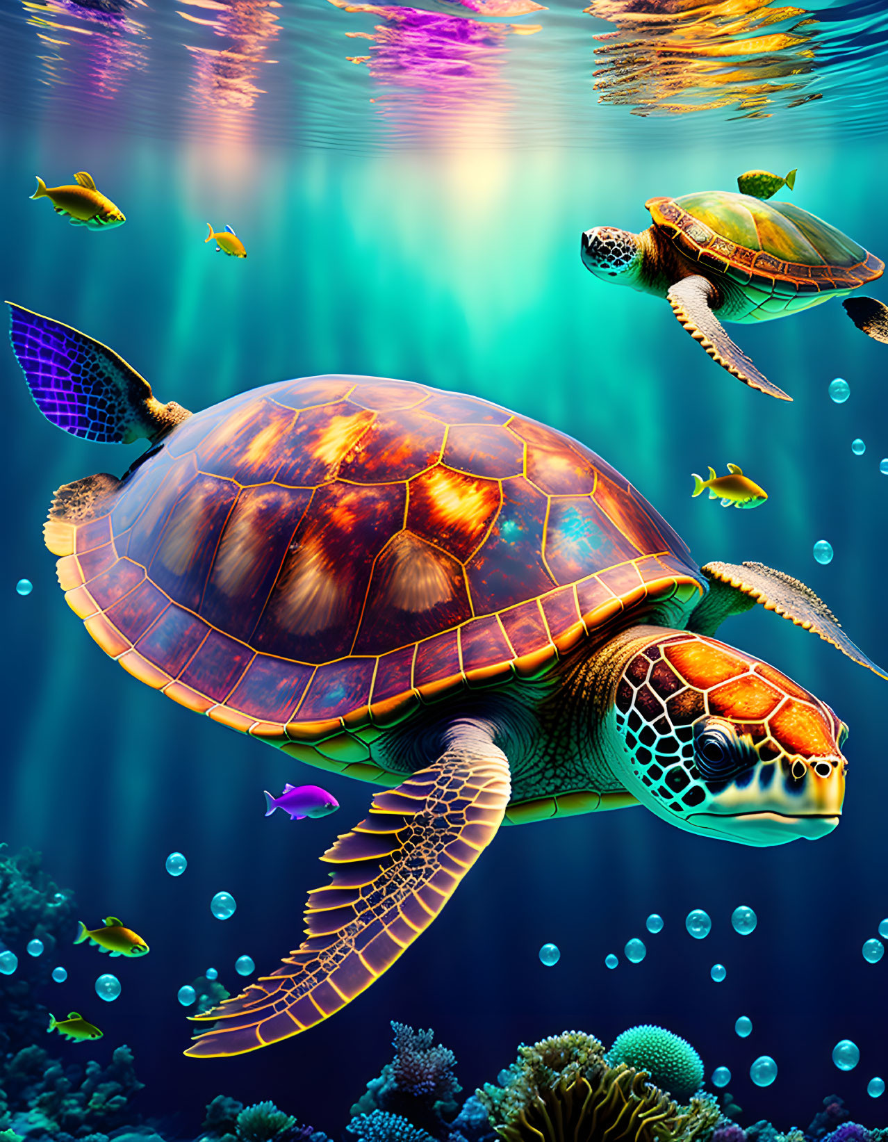 Colorful Underwater Scene: Sea Turtle, Tropical Fish, Coral Reefs