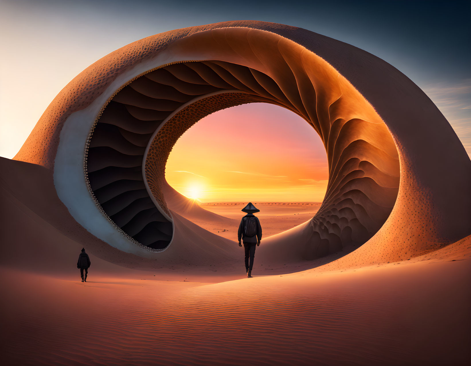 Sculpture of Giant Wave in Desert Sunset