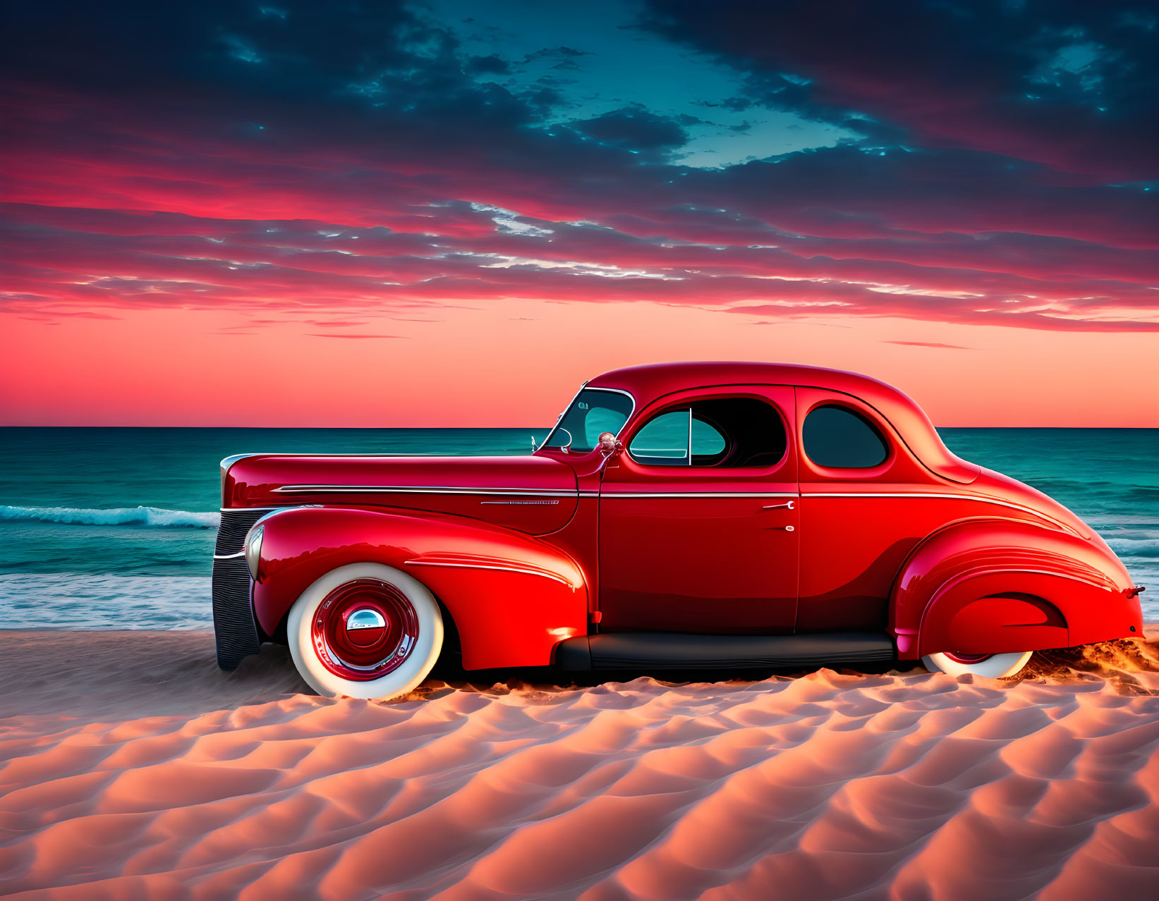 Vintage red car parked on sandy beach at sunset