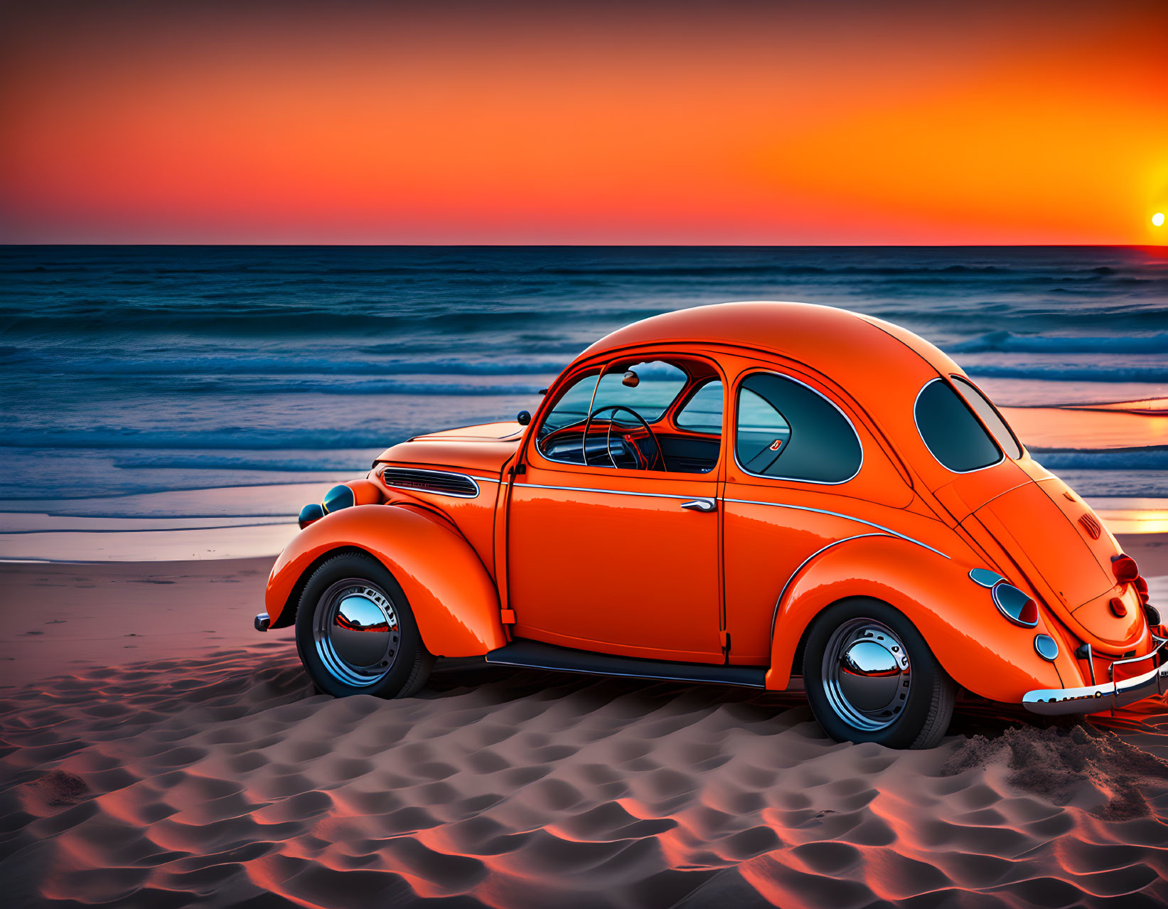 Vintage Orange Car on Beach at Sunset with Ocean Background