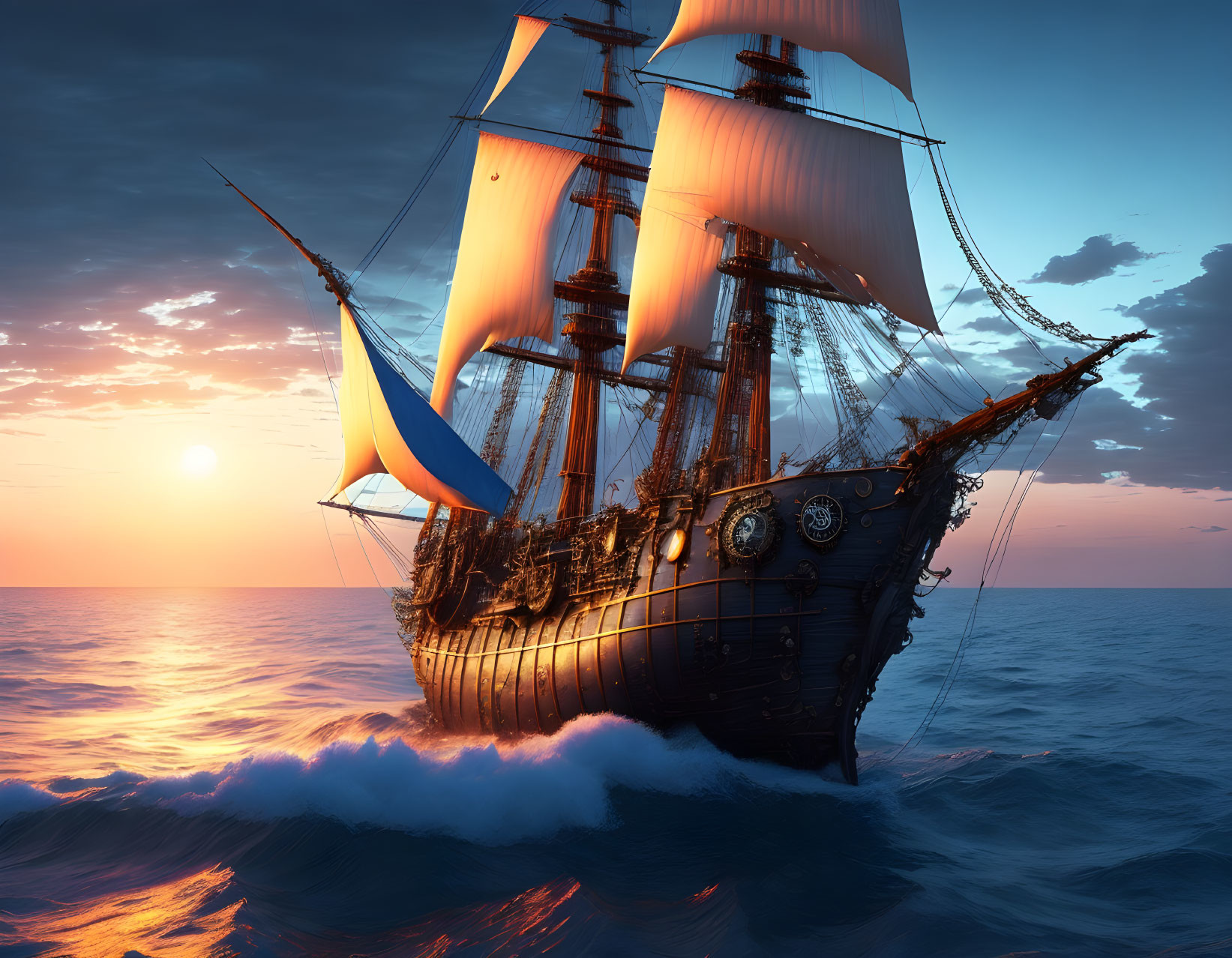 Majestic sailing ship on ocean waves at sunset