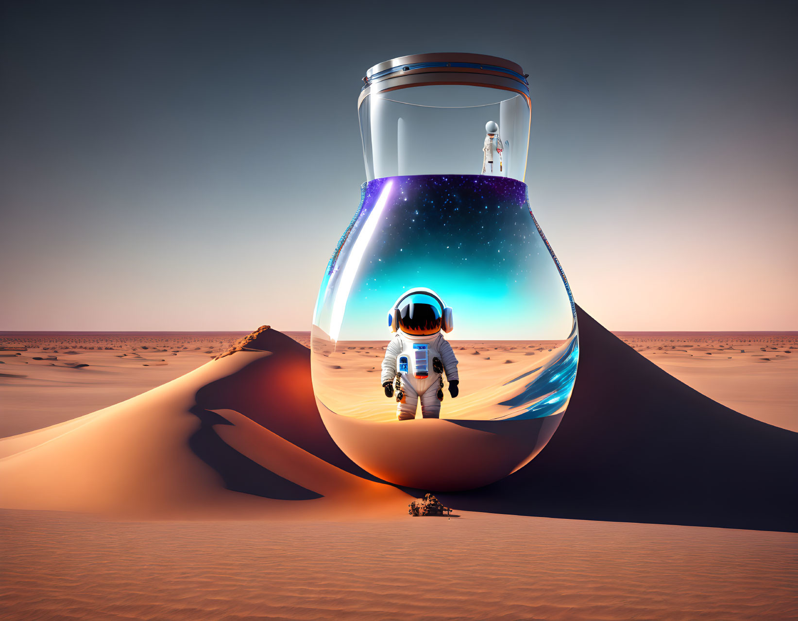 Astronaut reflecting in glass vessel in desert landscape