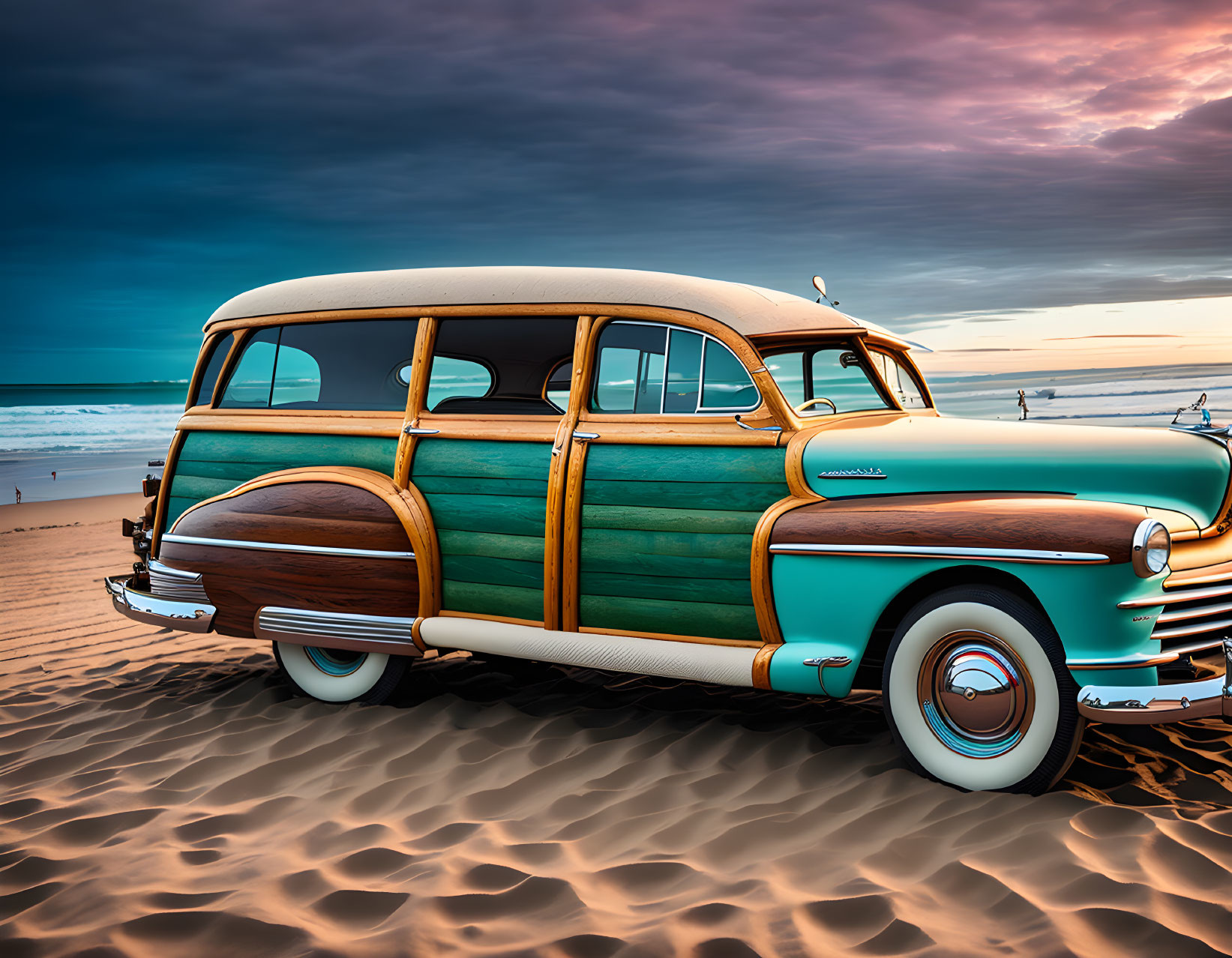 Classic Station Wagon on Beach at Sunset