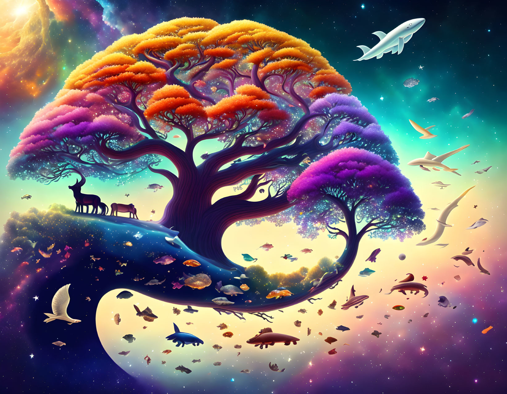 Colorful tree with animals in cosmic setting