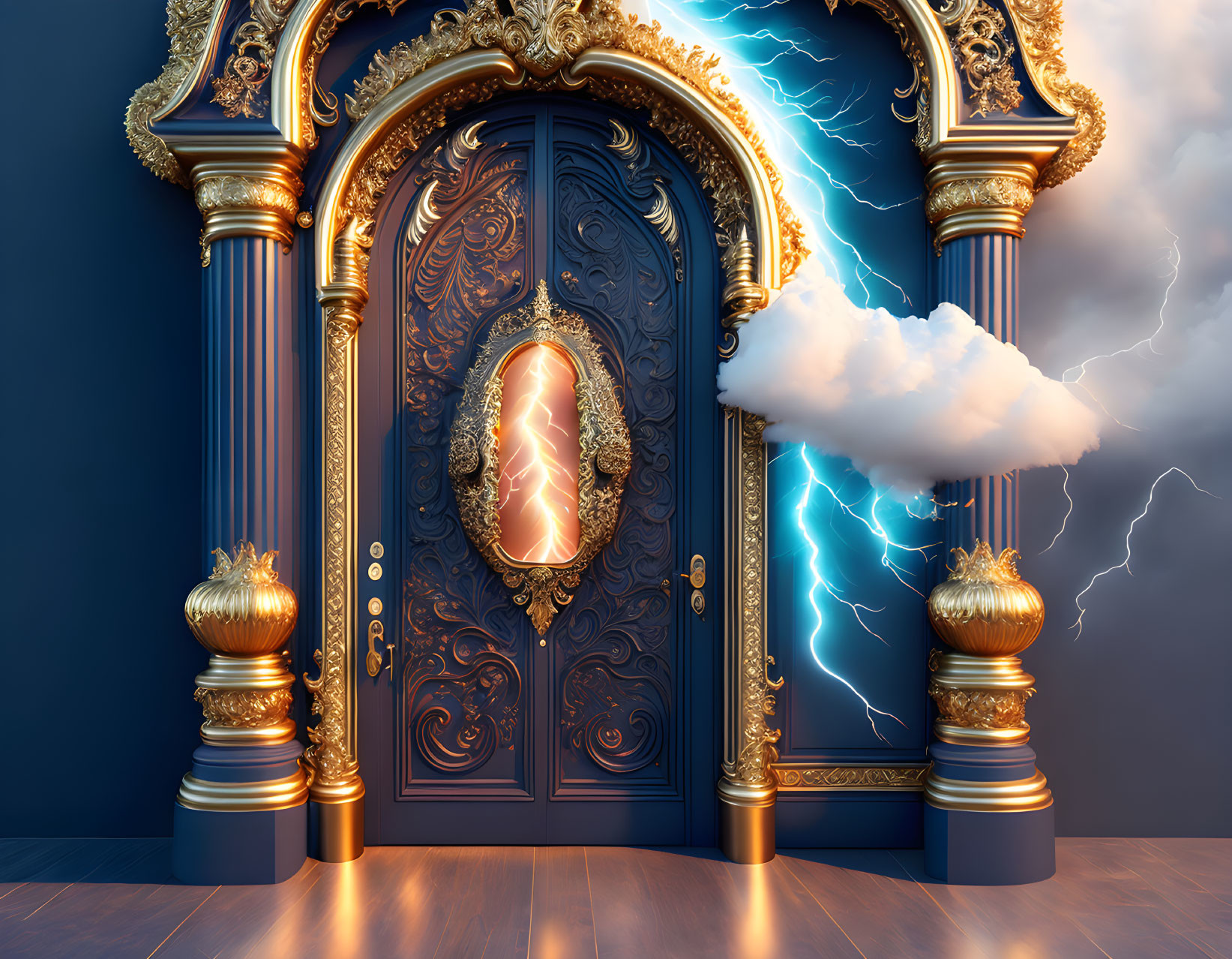 Golden ornate door with lightning designs, clouds, dark blue background