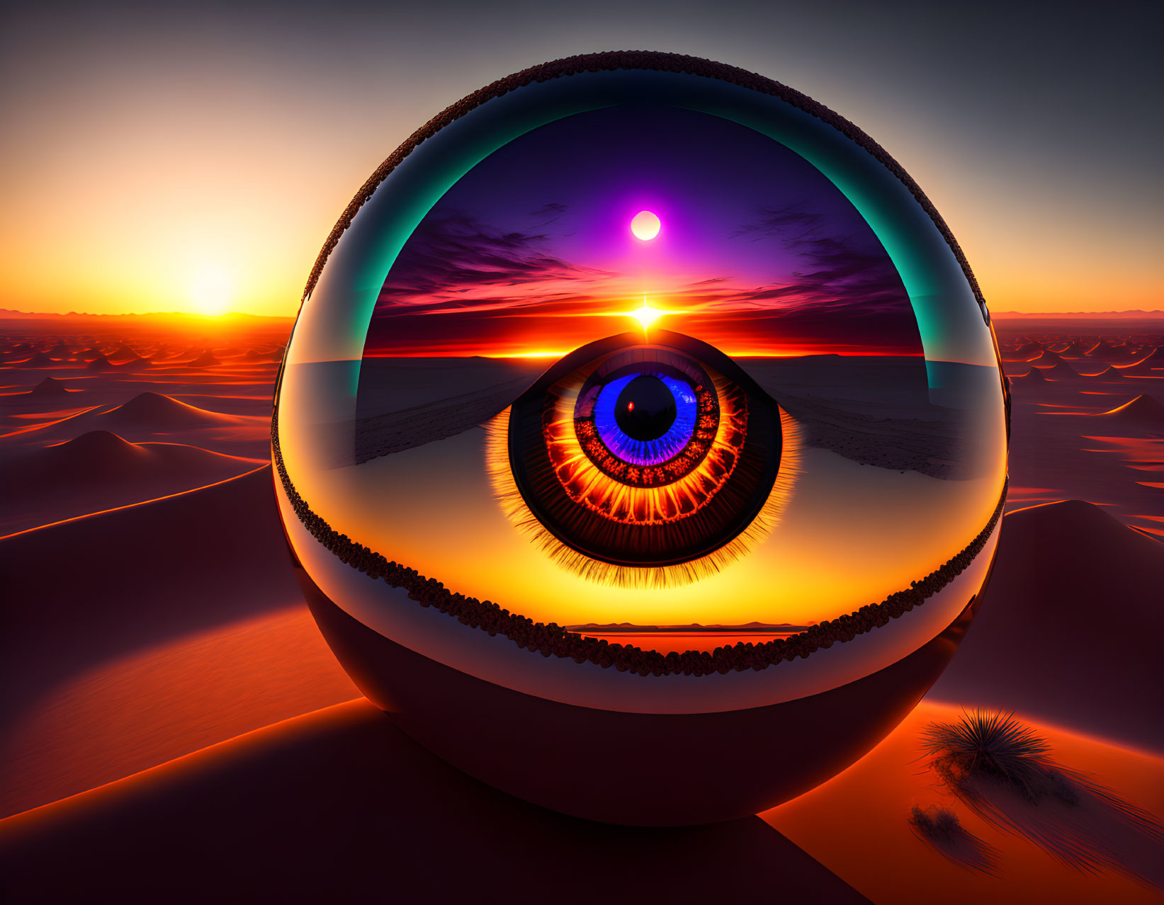 Surreal image: Giant eye in sphere reflects desert sunset