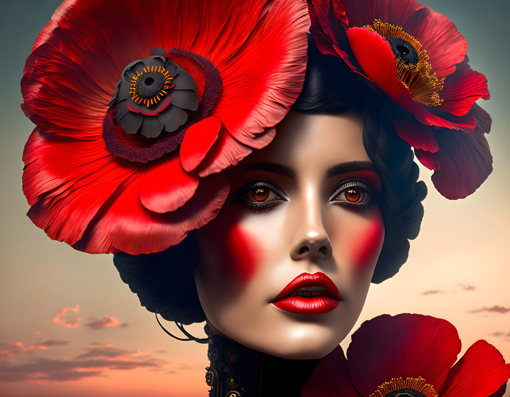 Surreal portrait: Woman with red poppy hair and stylized makeup in twilight sky