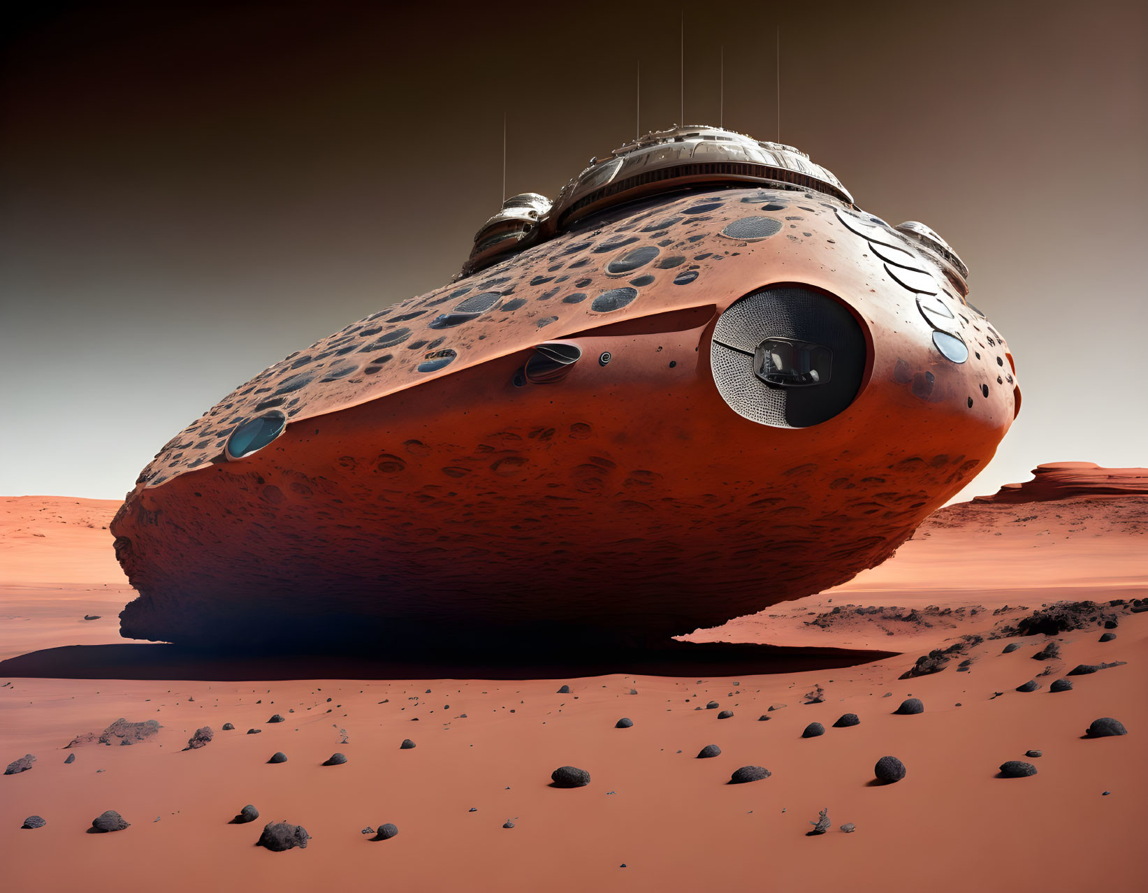 Futuristic spacecraft landing on red Martian landscape