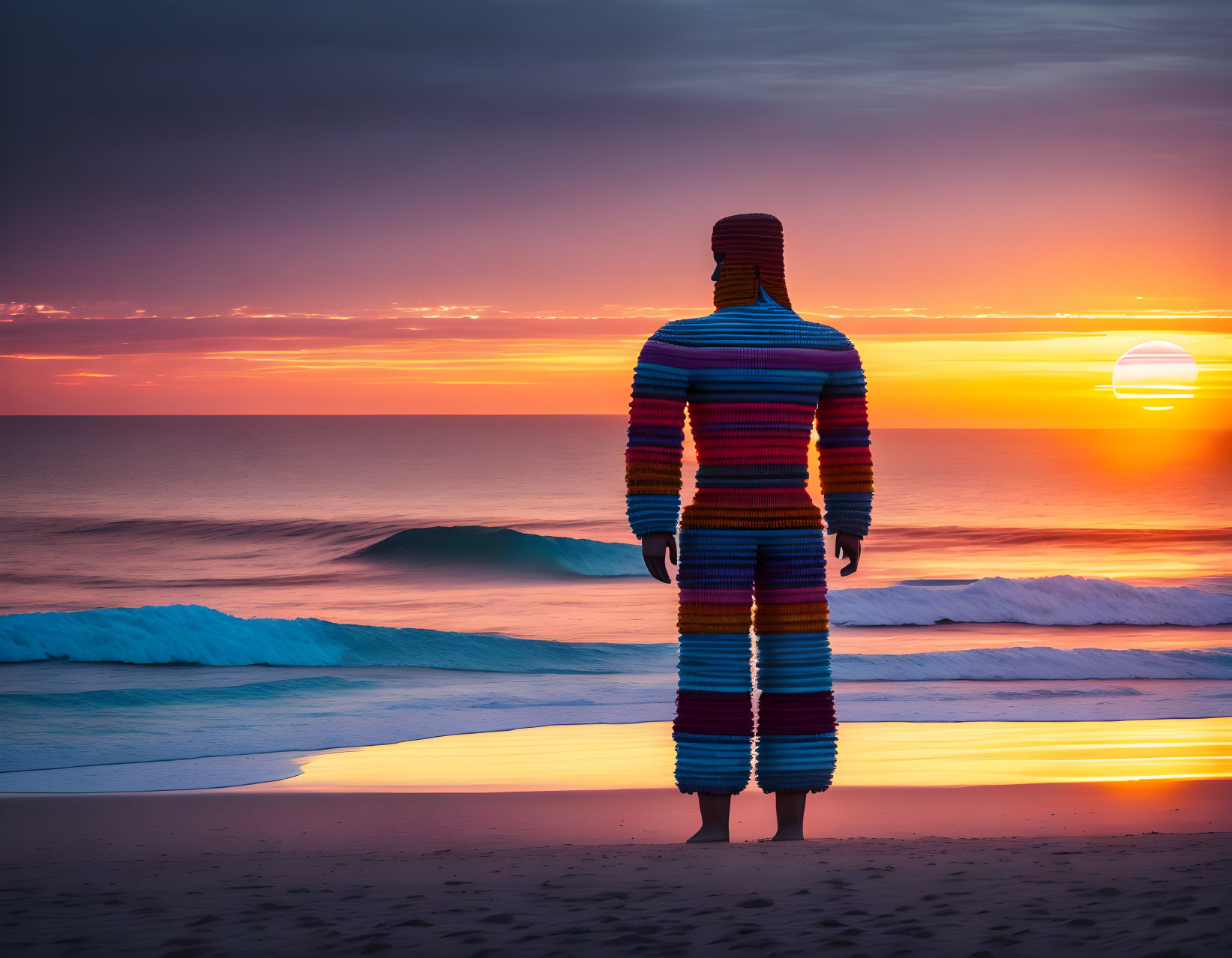 Colorfully striped person on beach at sunset with gentle waves