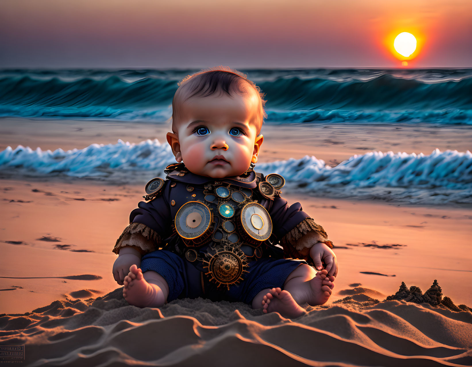 Baby in steampunk outfit on beach at sunset with waves and sun.