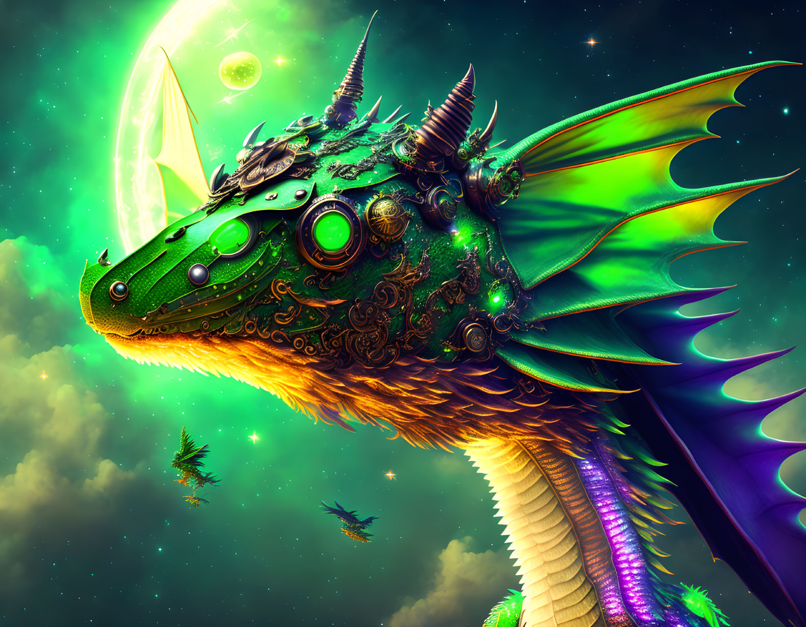 Colorful Mechanical Dragon in Cosmic Space with Planets and Stars