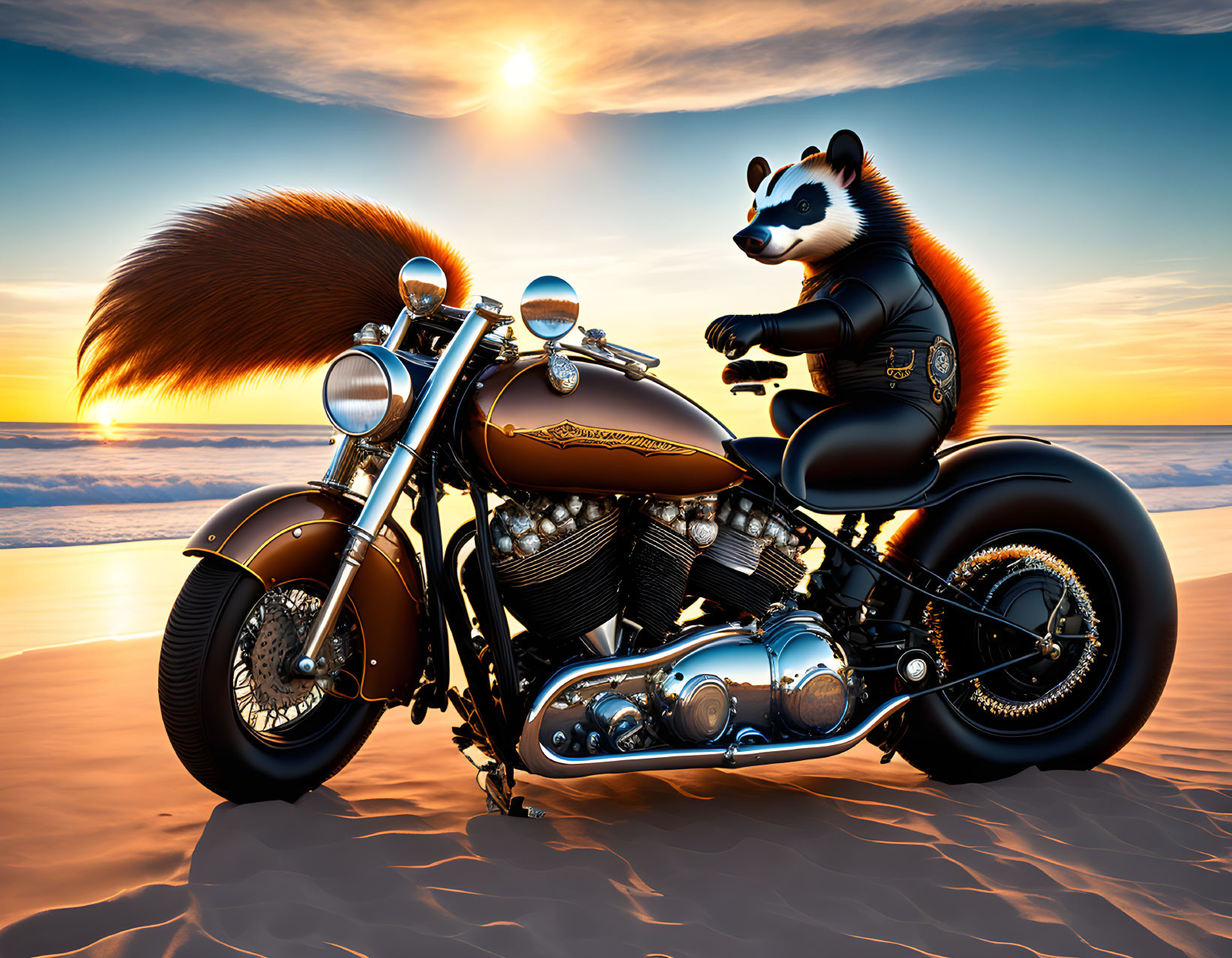 Anthropomorphic raccoon on custom motorcycle in desert sunset