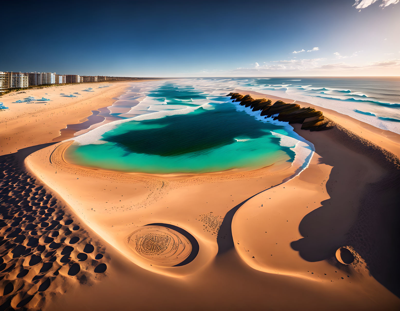 Vibrant turquoise pool surrounded by sand patterns on beach with crashing waves and buildings.