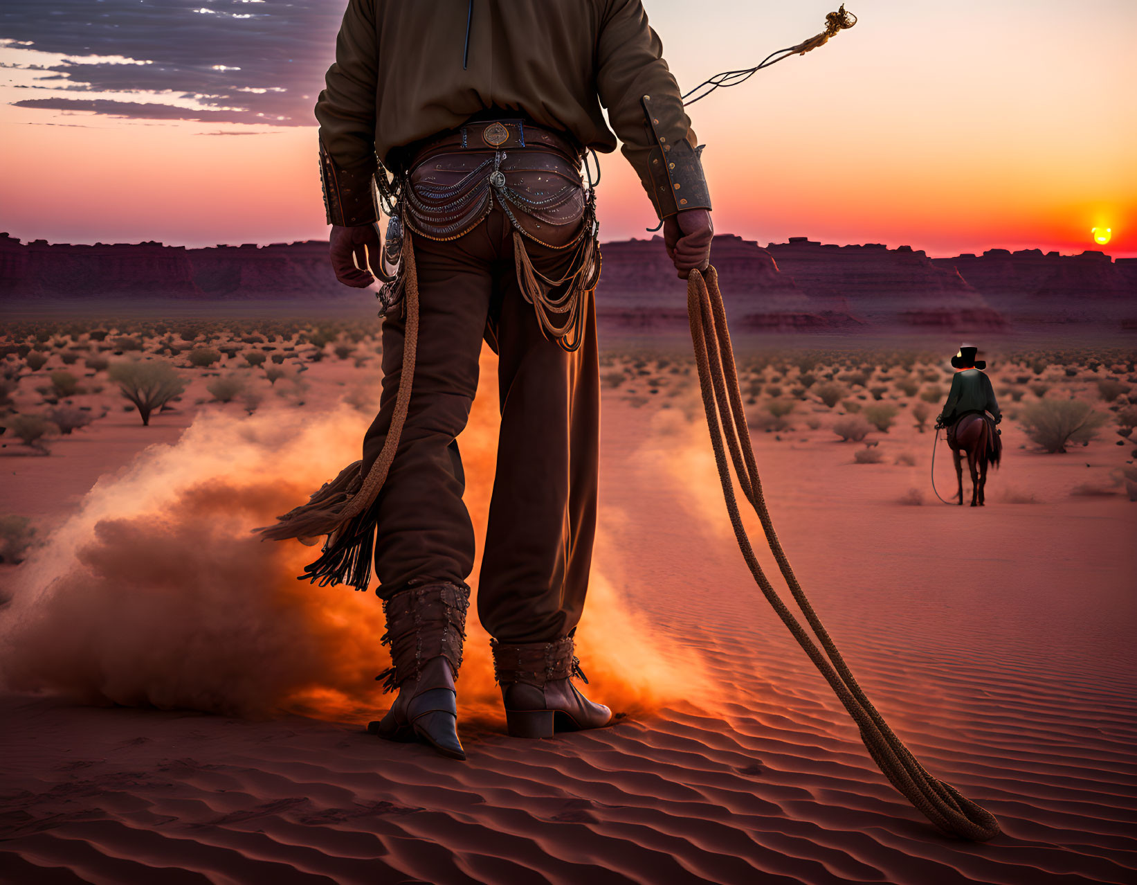 Cowboy with lasso on sandy dune at sunset with second cowboy on horseback under orange sky