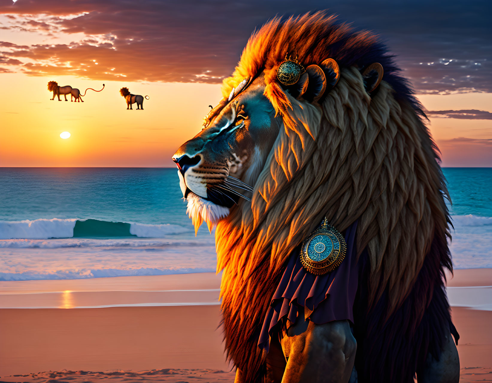 Anthropomorphic lion in cloak at sunset with elephants on cliff