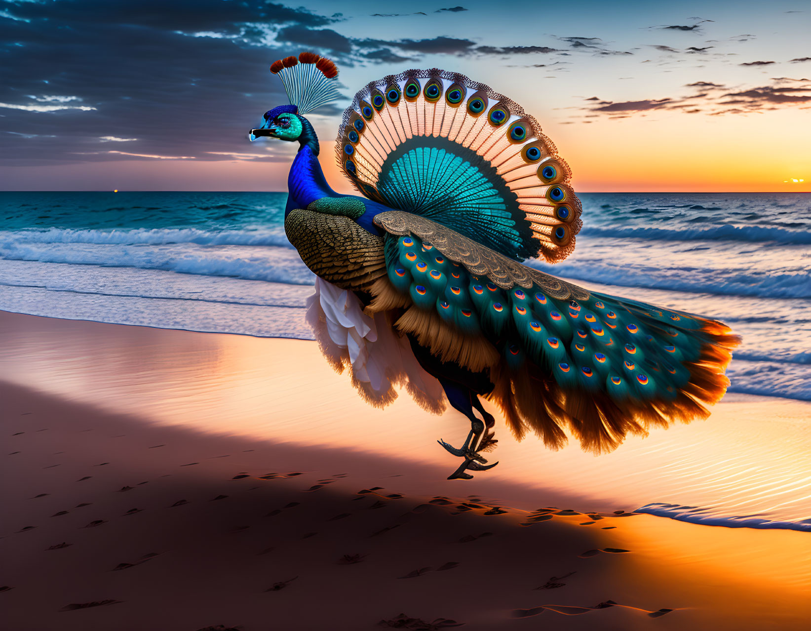 Colorful peacock on beach at sunset with open tail and waves in background