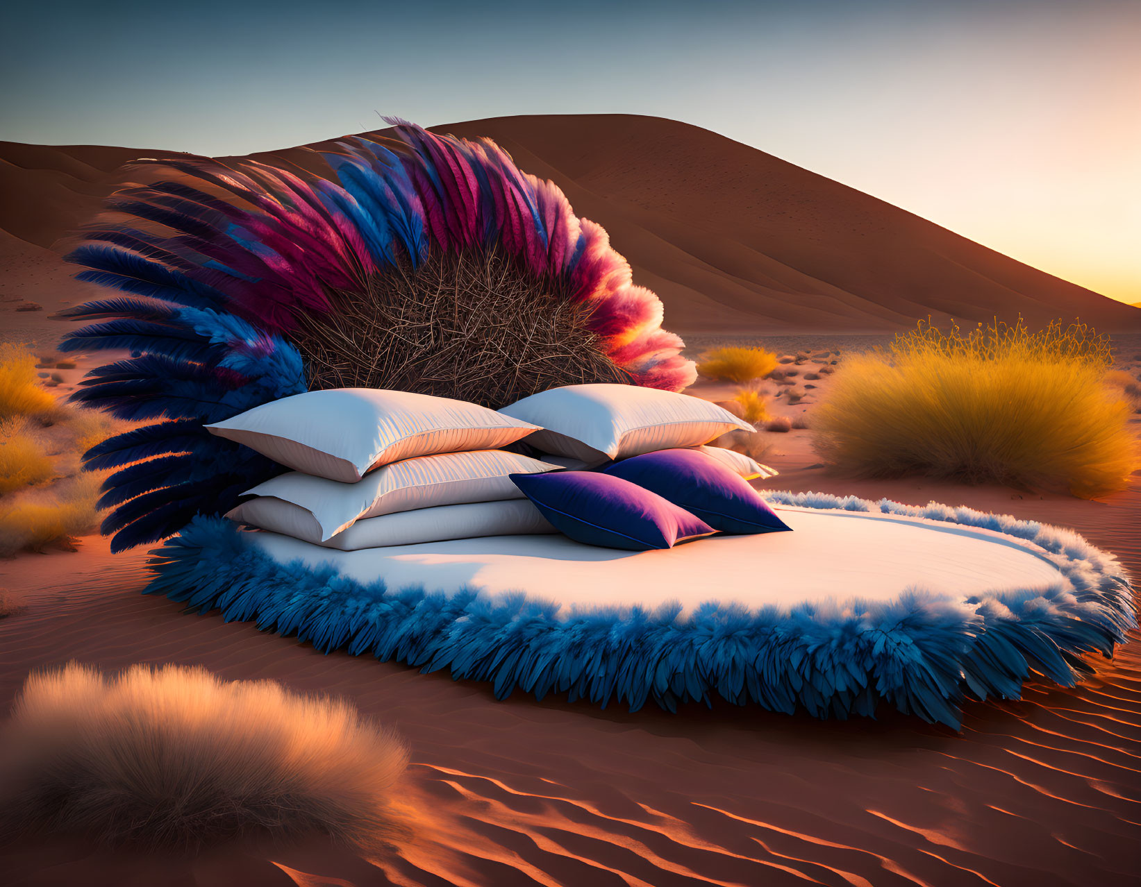 Luxurious Bed with Colorful Fur Accents in Serene Desert Landscape