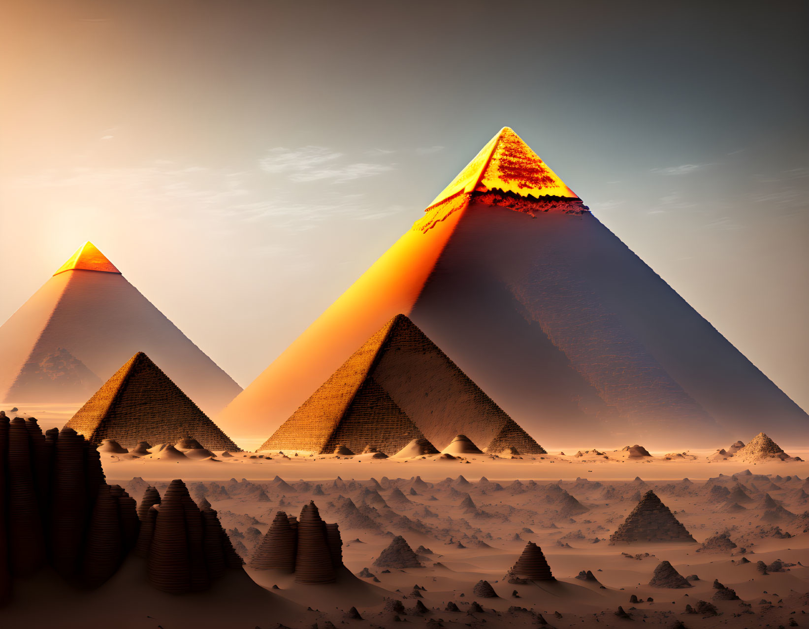 Ancient Egyptian pyramids at sunset in orange hues.